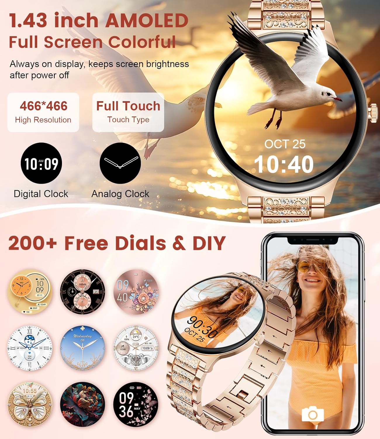 LIGE Smart Watch for Women(2 Bands), 1.43" HD AMOLED Slim Smartwatch for Android iOS,Fitness Tracker with 120+ Sport Modes/IP68 Waterproof/Sleep Monitor,Rose Gold - Image 4