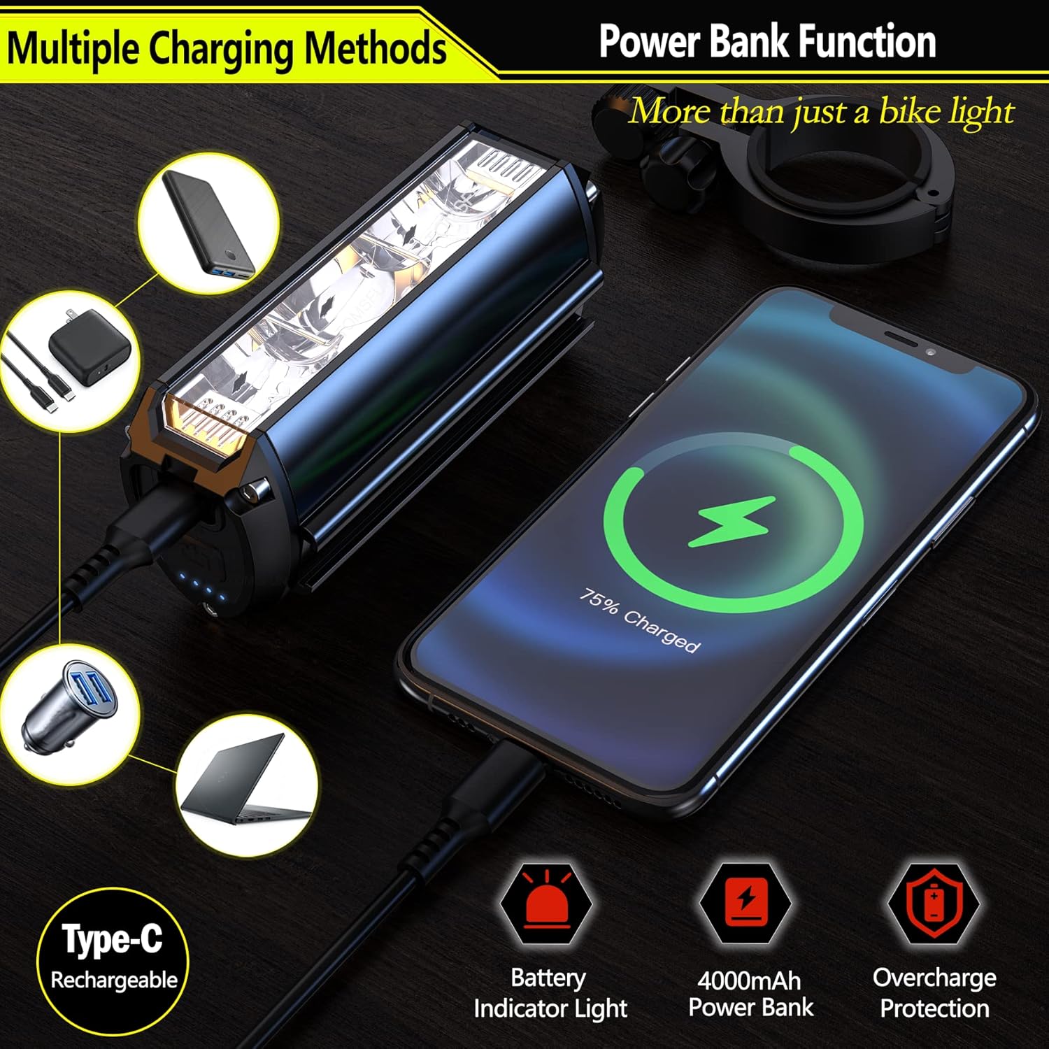 Best Bike Lights 2600 Lumen, 5 LED Bicycle Light with High Beam Low Beam, Best Bike Lights for Night Riding, USB-C Rechargeable Bike Headlight, Waterproof Bicycle Lights, Power Bank Function - Image 7
