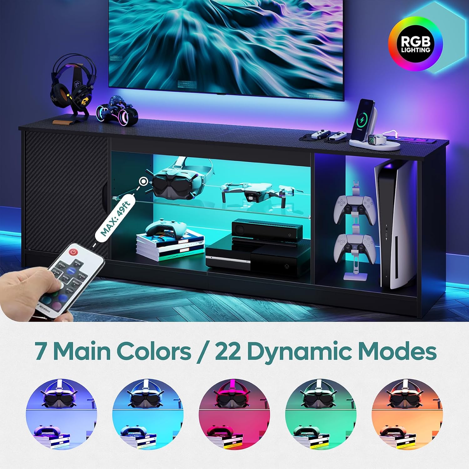 Bestier TV Stand with Power Outlets for Bedroom, Gaming TV Stand for 65inch TV, Black Entertainment Center for PS5, TV Console with Adjustable Glass Shelves for Living Room, Black - Image 4