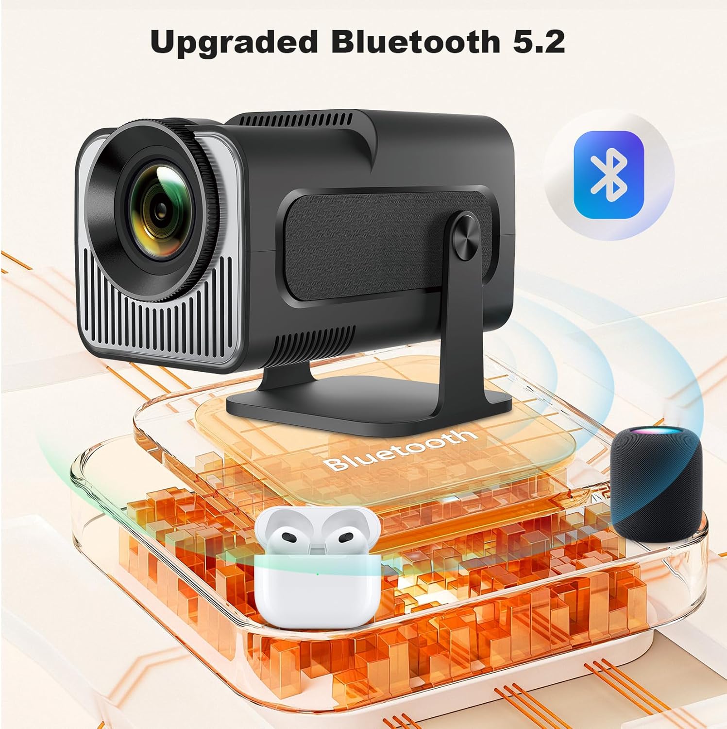 Ear&Ear Mini Projector, HY320 Portable Projector, Support 4K 1080P with Dual-Band WIFI6 5G Wireless 5.0 Bluetooth Android 11, 180° Rotatable, Auto Keystone Correction, 40"-130" Screen Video Projector - Image 6