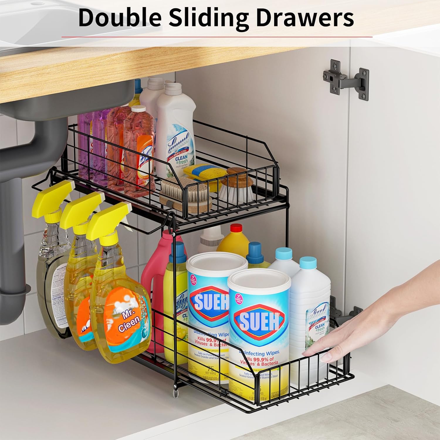 SUEH DESIGN Under Sink Organizer, 2 Tier Bathroom Cabinet Organizer Metal Kitchen Sink Organzier with Hanging Rail for Kitchen Bathroom Organization and Storage, 1 Pack - Image 5