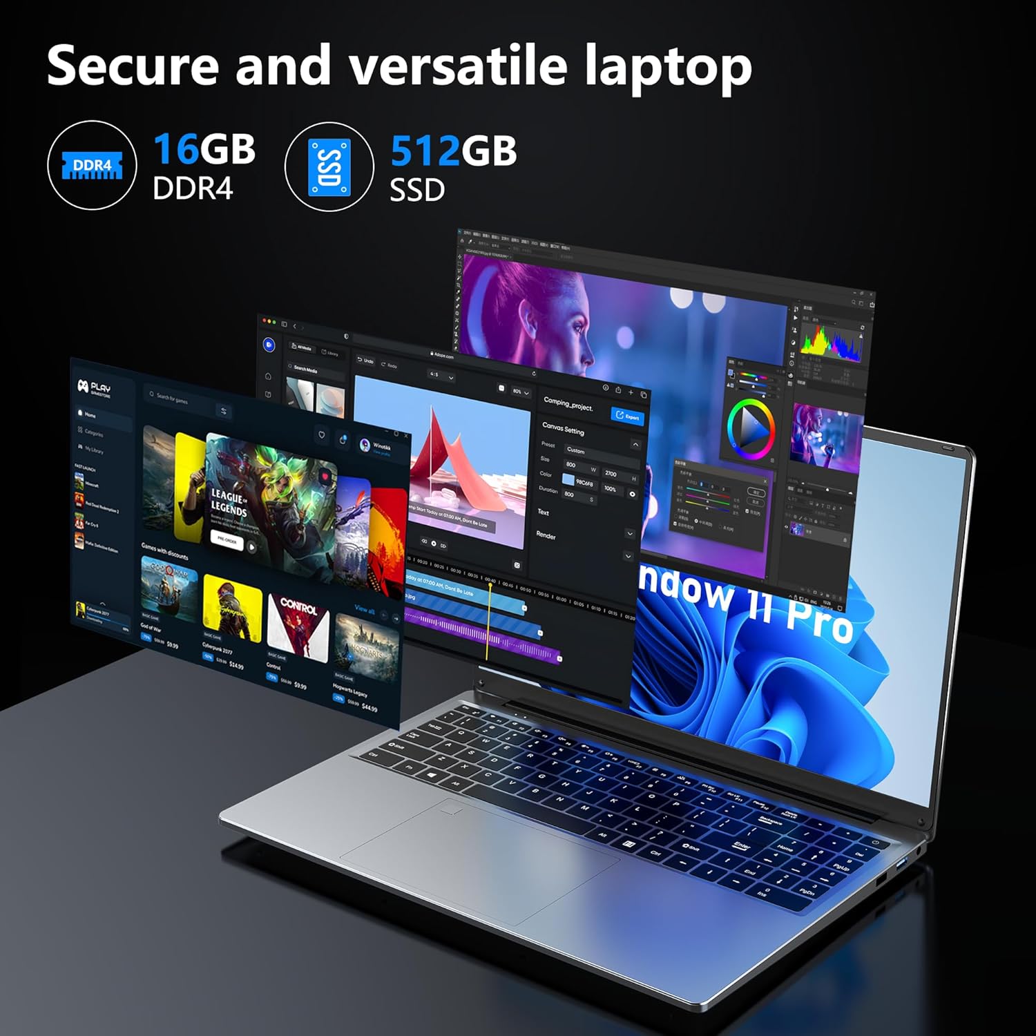 Gaming Laptop, 16 Inch FHD Display (1920 x 1200), N95 Laptop Computer (up to 3.4GHz), 16GB RAM 512GB SSD, Supports 180 Angle Opening, Bluetooth, Backlit Keyboard, Windows 11 Pro - Image 4