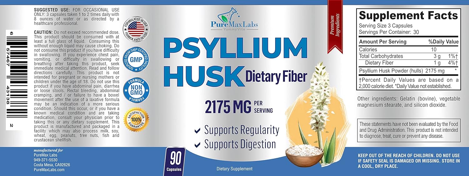 Psyllium Husk Dietary Fiber Supplement 2175mg, Non-GMO, 90 Capsules - Image 5