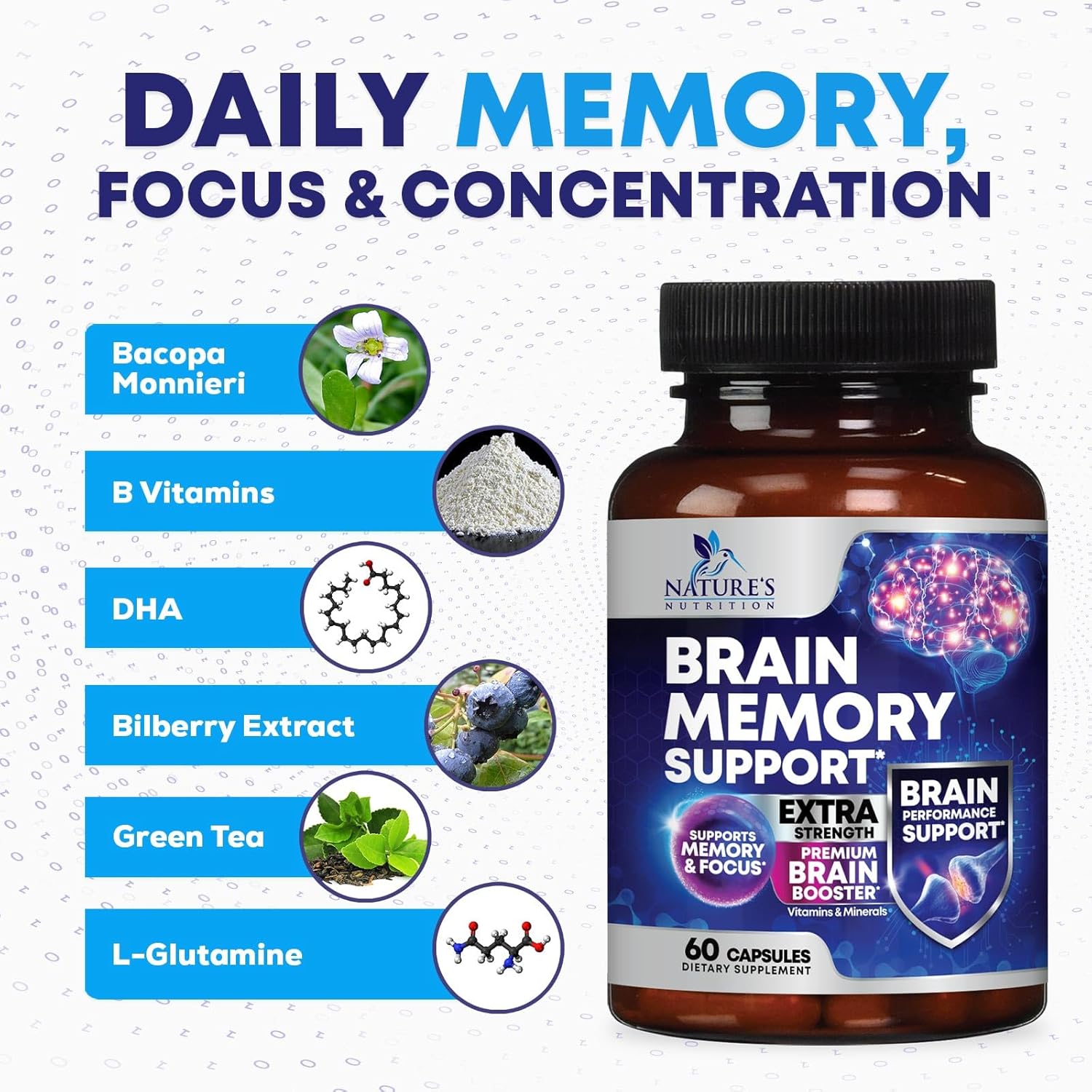 Brain Supplements for Memory and Focus - 40 Nootropics & Vitamins to Support for Alertness, Clarity & Concentration, Brain Health, B6, B12, Phosphatidylserine - 60 Capsules - Image 9