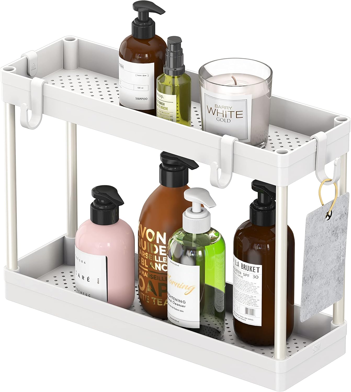 Simple Houseware 2-Tier Under Sink Organizer Storage Tray with Hooks, White - Image 3