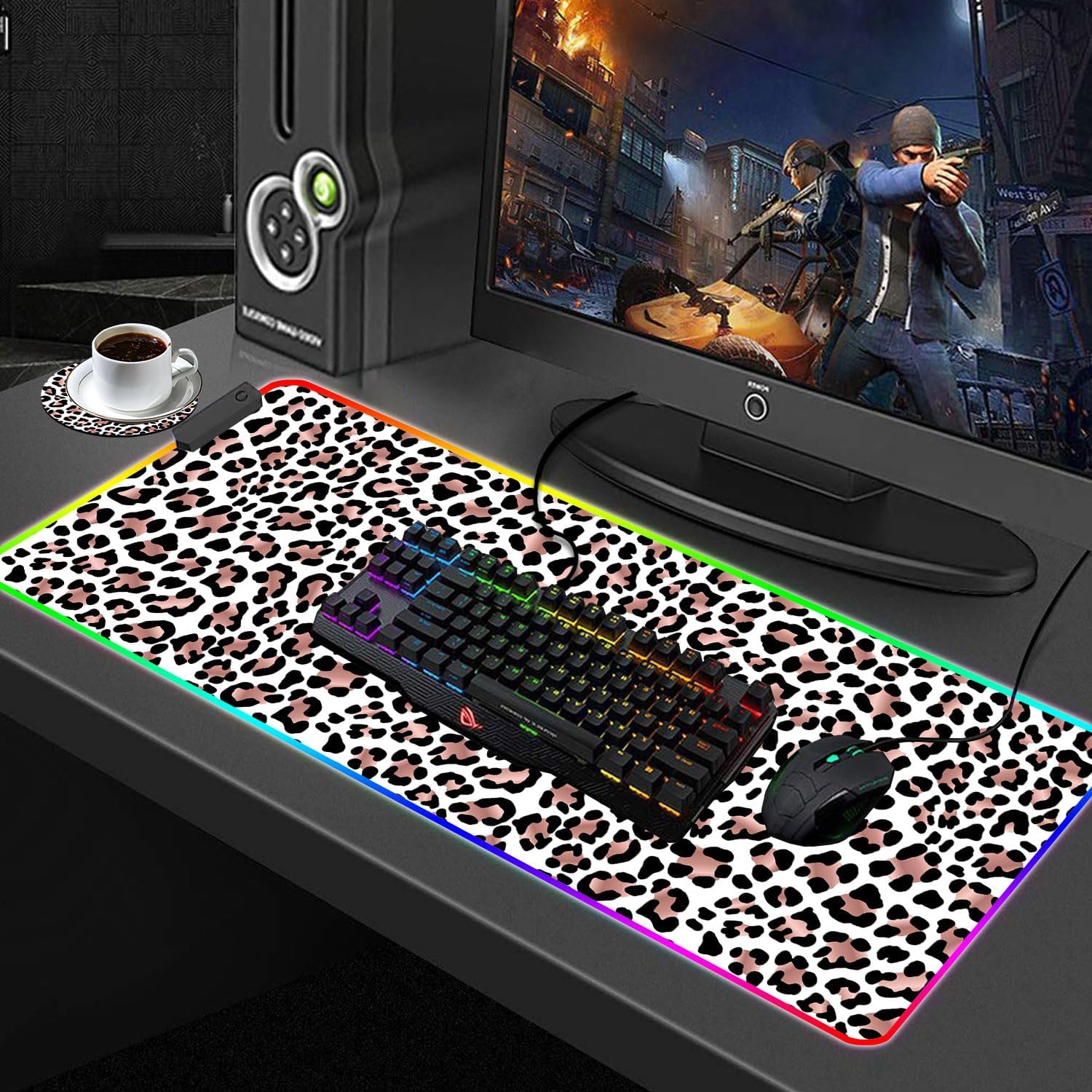 Customized RGB Gaming Mouse Pad and Coffee Coaster,Large Glowing Led Anti-Slip Rubber Base Computer Keyboard Desk Mouse Mat 31.4x11.8 Inch,Leopard Print - Image 3