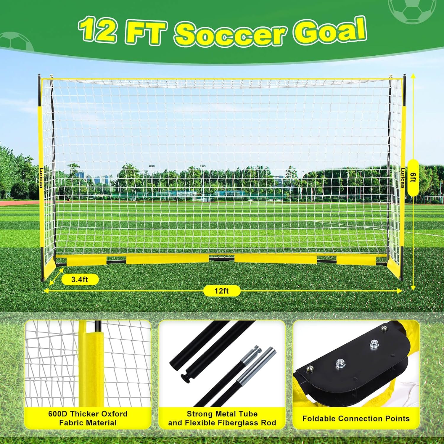Collapsible Soccer Goal, 12×6 ft /6×4 ft Portable Soccer Goal Net for Backyard, Quick Setup Soccer Goals with 1 Carry Bag, 1 Agility Ladder, 4 Ground Nails,12 Training Cones - Image 3