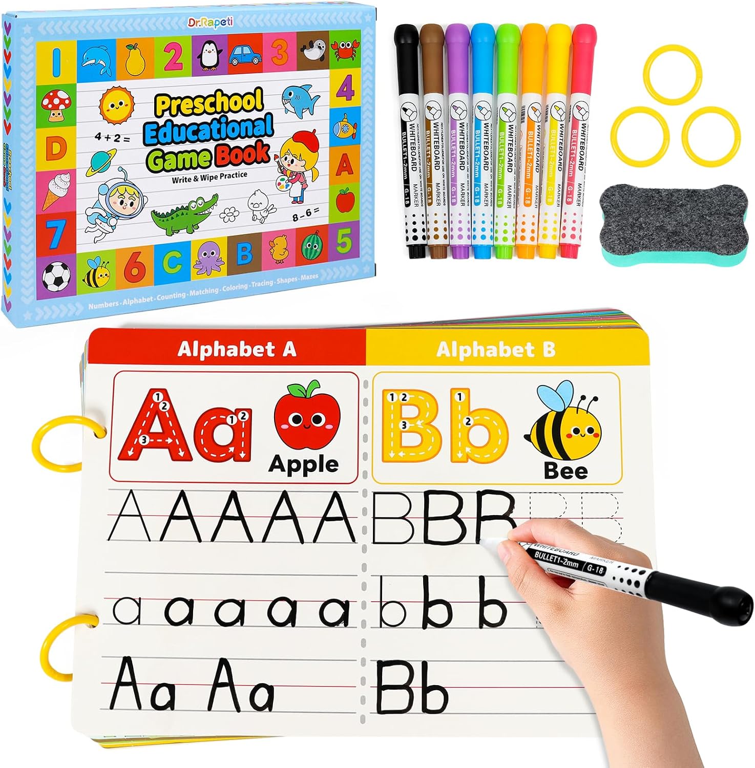 Dr.Rapeti Preschool Learning Activities Educational Workbook Busy Book 58 Pages 8 Dry Erase Markers Prek Montessori Handwriting Practice Activity Tracing Toy Early Learning Toy for Kids Toddlers - Image 3