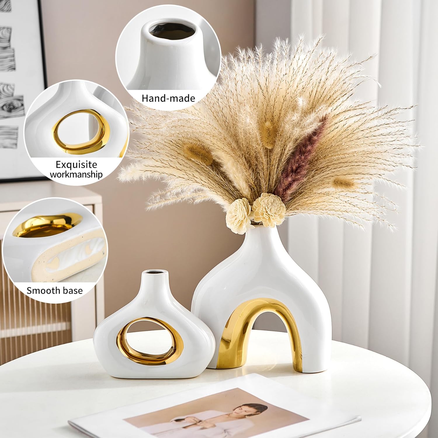 Ceramic Vase Set of 2 White and Gold Vase for Pampas Grass, Modern Donut Vase for Gold Decor, Round Vases Centerpieces for Wedding, Bedroom, Living Room, Coffee Table, Entryway, Office - Image 4