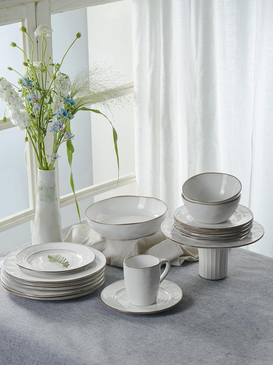 Famiware Aurora Plates and Bowls Sets for Kitchen, 16-Piece Dinnerware Sets for 4, Reactive Glaze, Pearl White - Image 3
