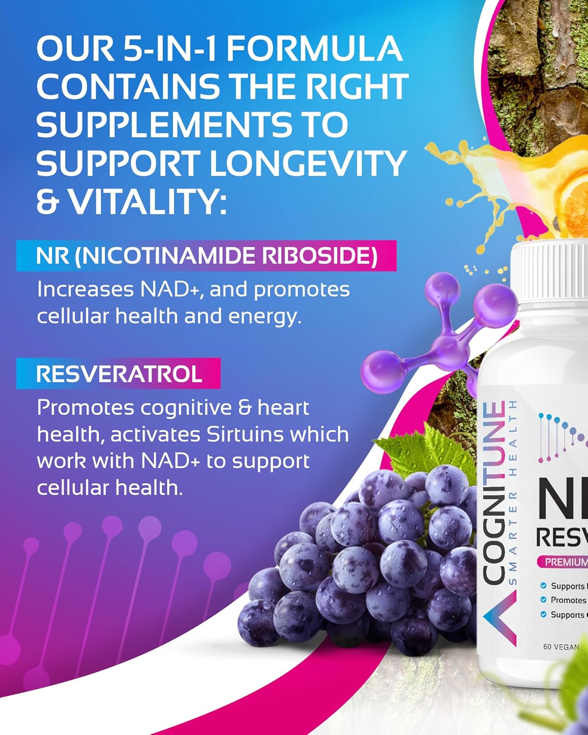 NR + Resveratrol Supplement - Increase NAD, DNA & Cellular Health, Longevity, Vitality. 5-in-1 Anti Aging Formula w/ Nicotinamide Riboside, Trans Resveratrol, Vitamin C, Grape Seed, Pine Bark - Image 7
