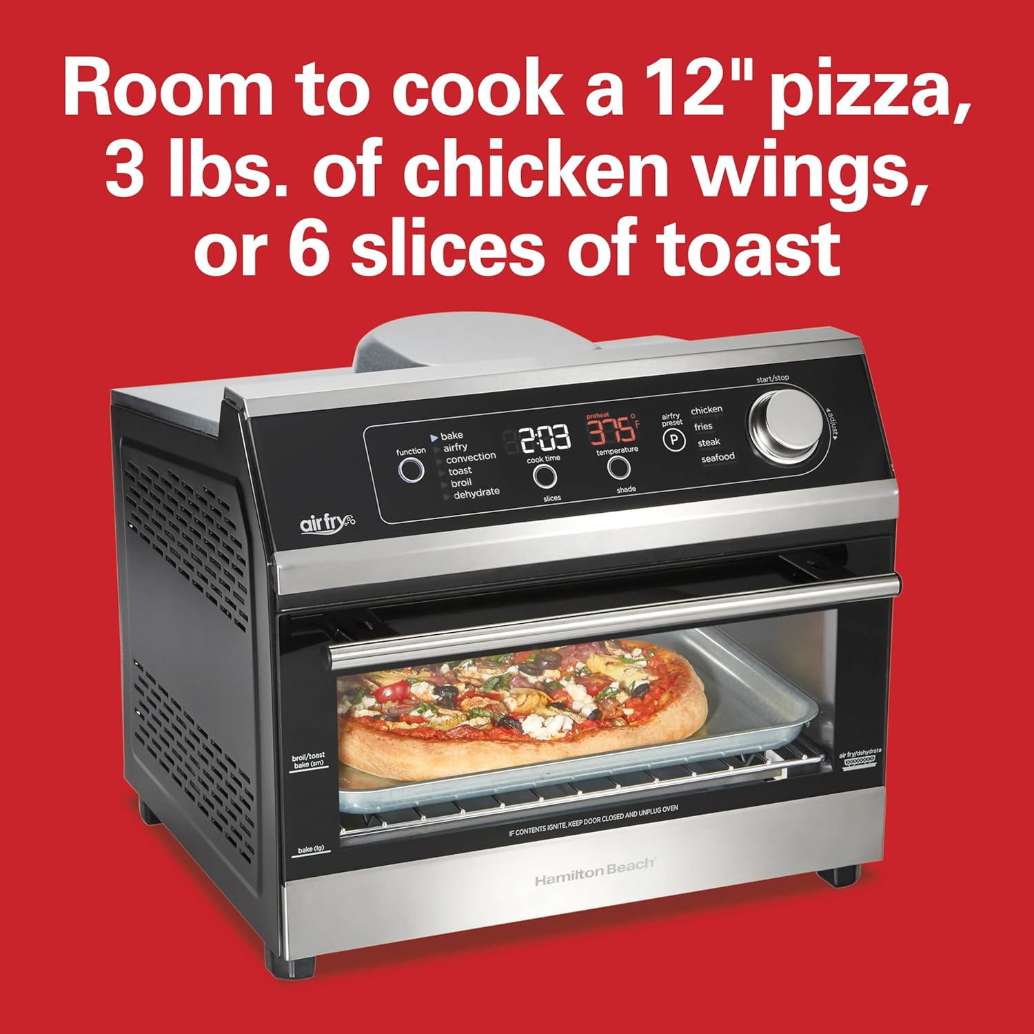 Hamilton Beach Digital Air Fryer Toaster Oven Combo, 10 Ways to Cook, 4 Preset Functions, Stay On & 1800 Watts, LED Capacitive-Touch Controls, 2 Rack Positions, Fits 12” Pizza, Black & Stainless Steel - Image 6