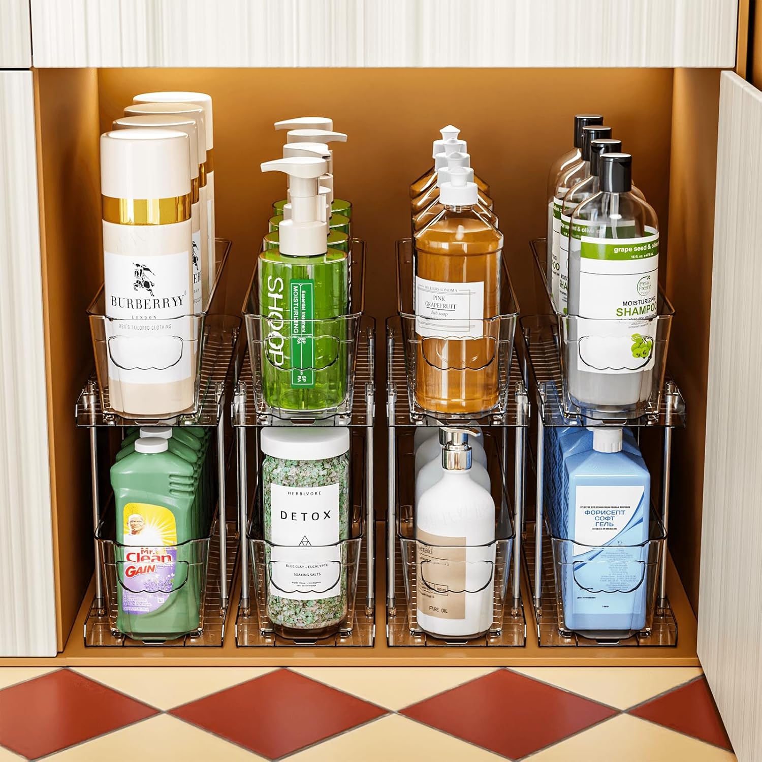 4 Set 2 Tier Bathroom Under Sink Organizers and Storage - 14.8"Deep x 5.1" Width - Suitable as Pantry Drawers Slide Out Shelves,Under Kitchen Sink Organizer,Narrow Pull Out Under Cabinet Organizer - Image 9