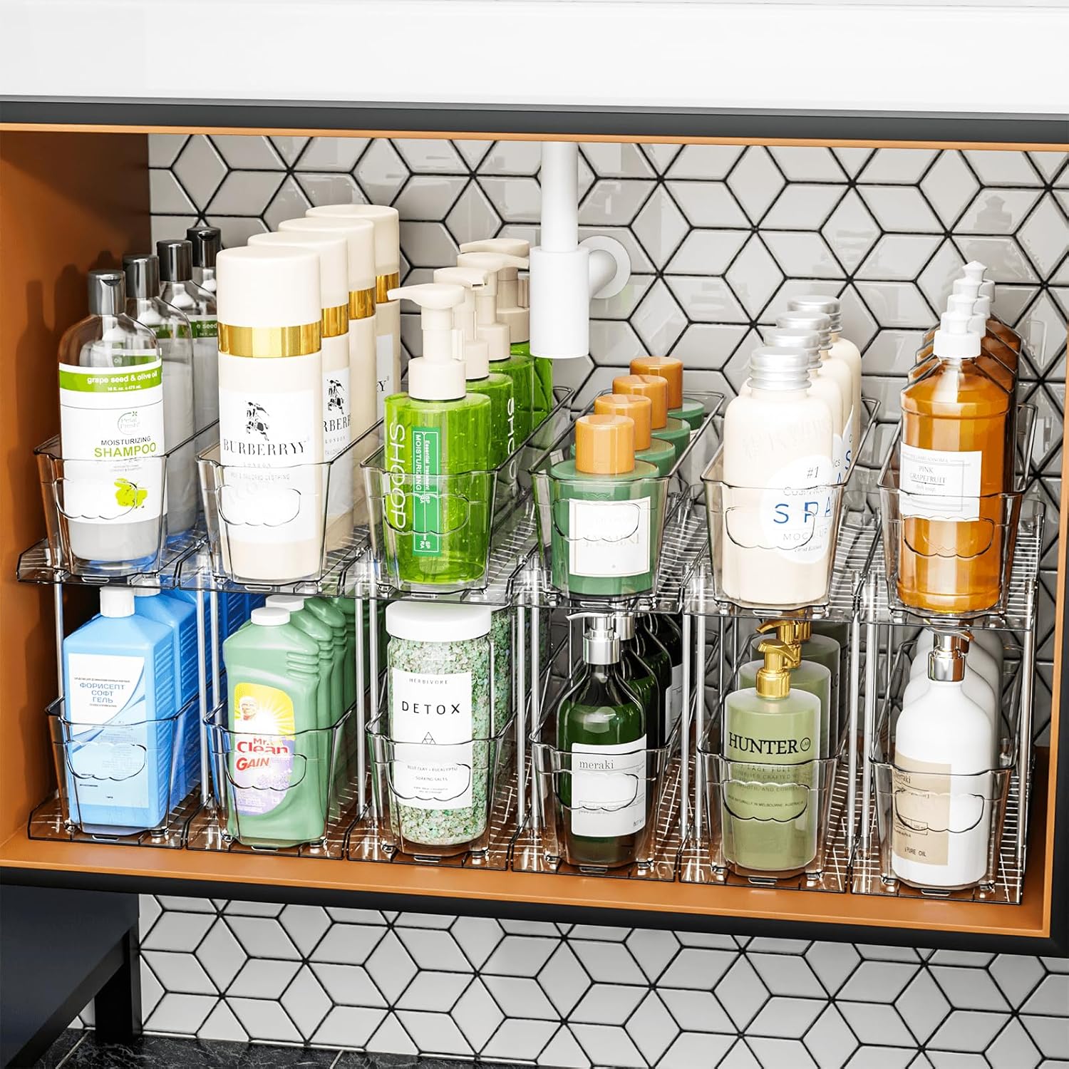 4 Set 2 Tier Bathroom Under Sink Organizers and Storage - 14.8"Deep x 5.1" Width - Suitable as Pantry Drawers Slide Out Shelves,Under Kitchen Sink Organizer,Narrow Pull Out Under Cabinet Organizer - Image 10