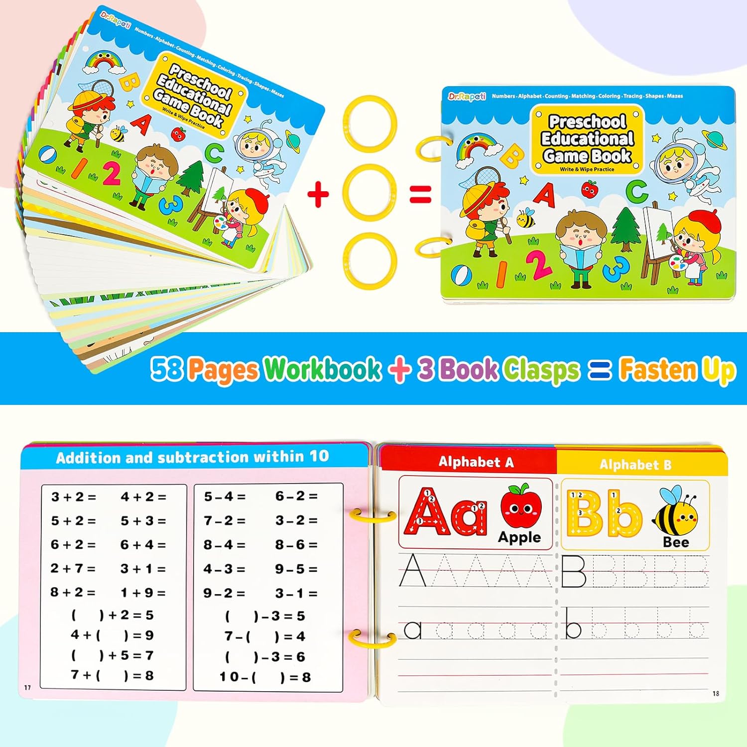 Dr.Rapeti Preschool Learning Activities Educational Workbook Busy Book 58 Pages 8 Dry Erase Markers Prek Montessori Handwriting Practice Activity Tracing Toy Early Learning Toy for Kids Toddlers - Image 5