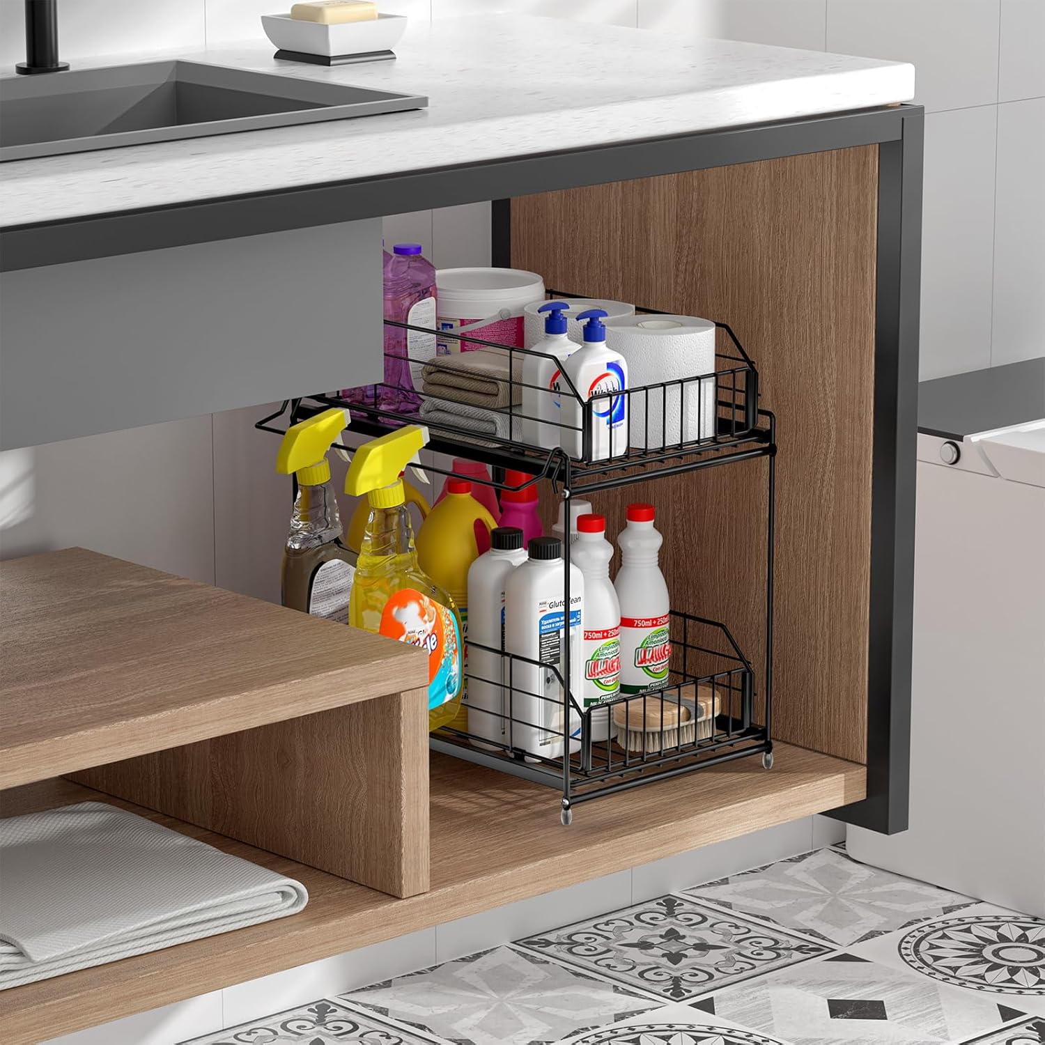 SUEH DESIGN Under Sink Organizer, 2 Tier Bathroom Cabinet Organizer Metal Kitchen Sink Organzier with Hanging Rail for Kitchen Bathroom Organization and Storage, 1 Pack - Image 7