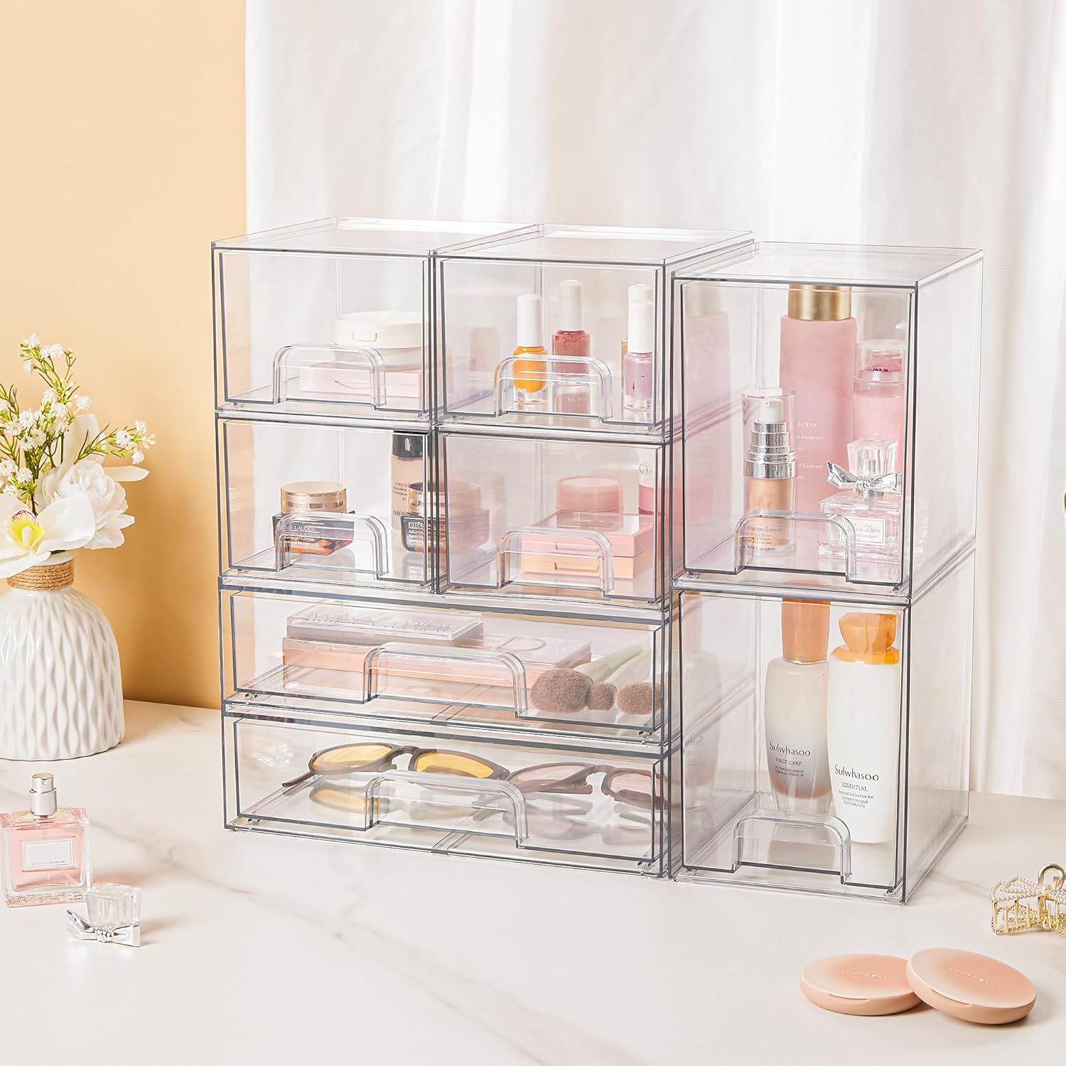 Vtopmart Stackable Storage Drawers Set of 3,Clear Plastic Organizer Bins for Makeup, Cosmetics, Beauty Supplies,Ideal for Vanity, Bathroom,Cabinet,Pantry Organization - Image 3
