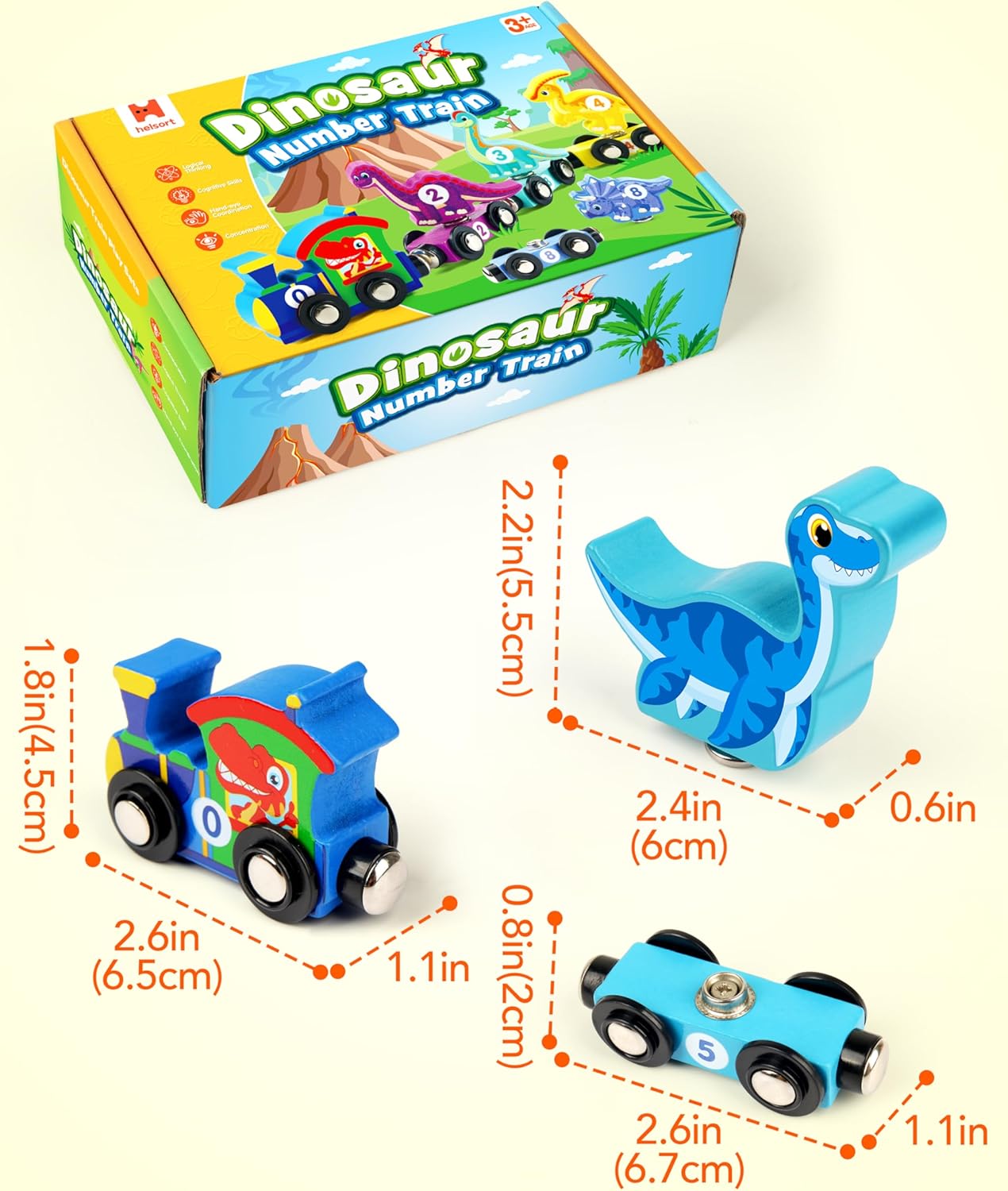 Wooden Dinosaur Train Set, Magnetic Dinosaur Toys and Number Train for Toddlers, Educational Montessori Toy for Counting and Motor Skills, for 3-5 Year Old Boys Girls - Image 7