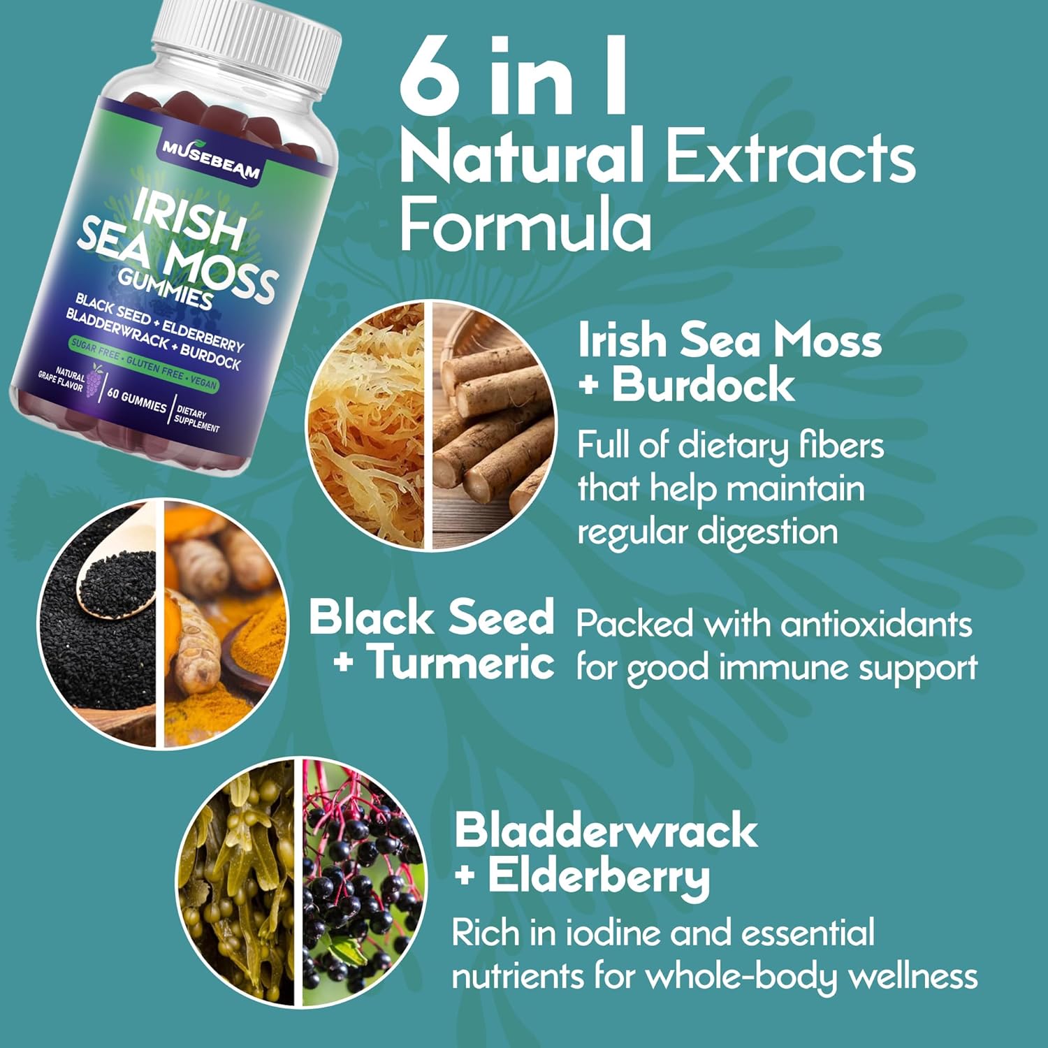 Irish Sea Moss Gummies - with Black Seed Elderberry Bladderwrack Burdock Turmeric Omega-3 Vitamins C D3 Zinc - Seamoss Supplements for Adults Women Men - Sugar-Free Gluten Free Vegan - Image 5
