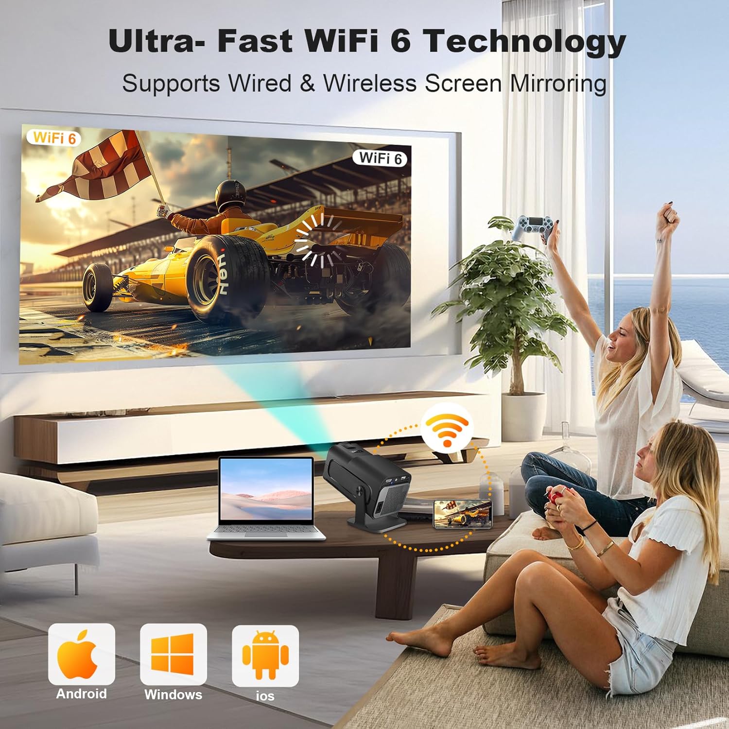 Ear&Ear Mini Projector, HY320 Portable Projector, Support 4K 1080P with Dual-Band WIFI6 5G Wireless 5.0 Bluetooth Android 11, 180° Rotatable, Auto Keystone Correction, 40"-130" Screen Video Projector - Image 3