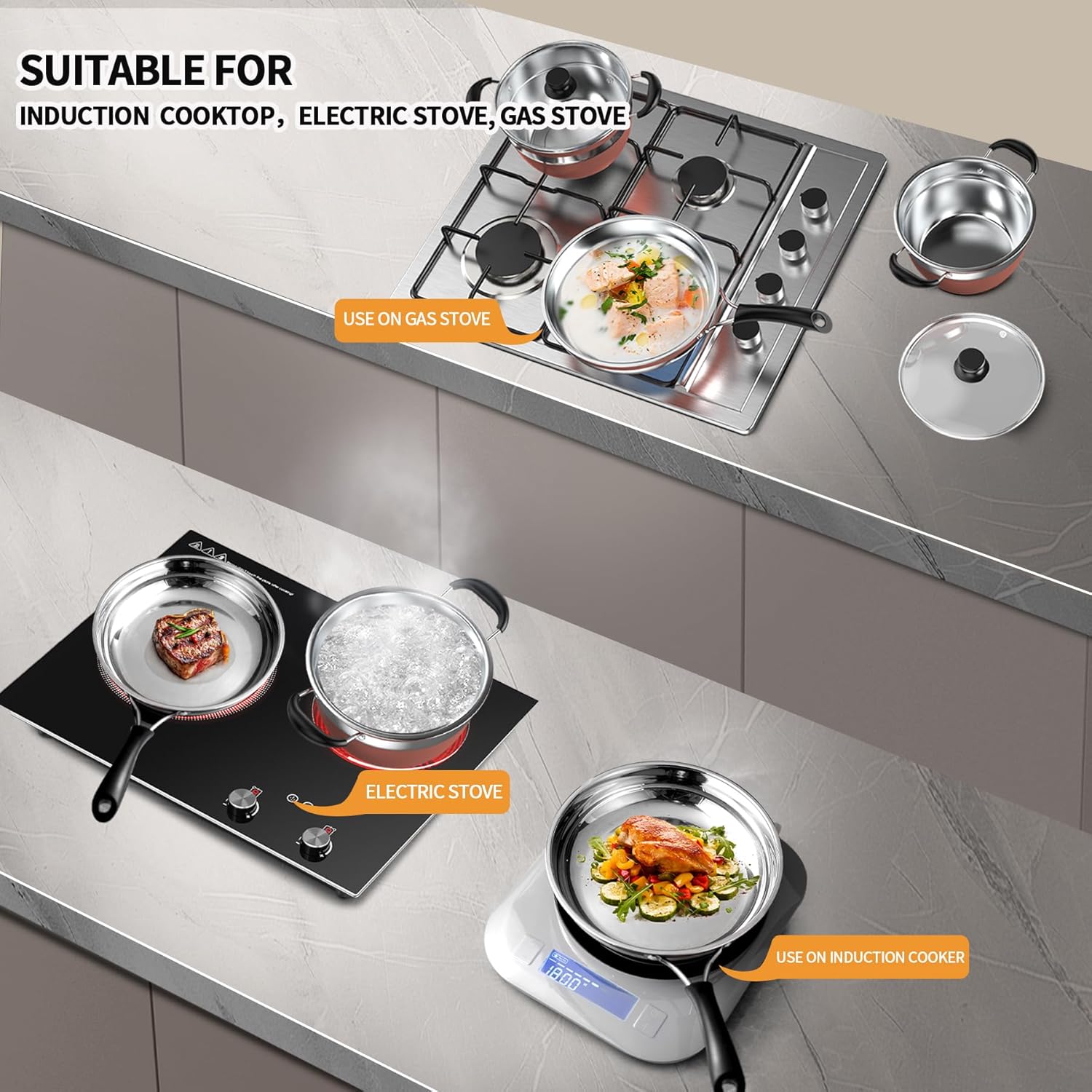 VBGK Pots and Pans Set 10-Piece Stainless Steel Cookware Set, Non-Toxic Kitchen Set, Kitchen Cooking Set with Tempered Glass Lid and Warming Handle, Suitable for All Cooktops, Stackable - Image 6
