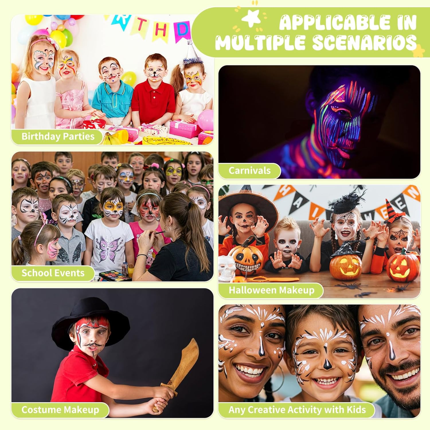 44 Color Face Painting Kit for Kids - Non Toxic Water Activated Face Paint Palette with Stencils, Brushes, Gems & Glitter. Halloween, Carnival, Party; Costume Makeup for Creative Activities - Image 8
