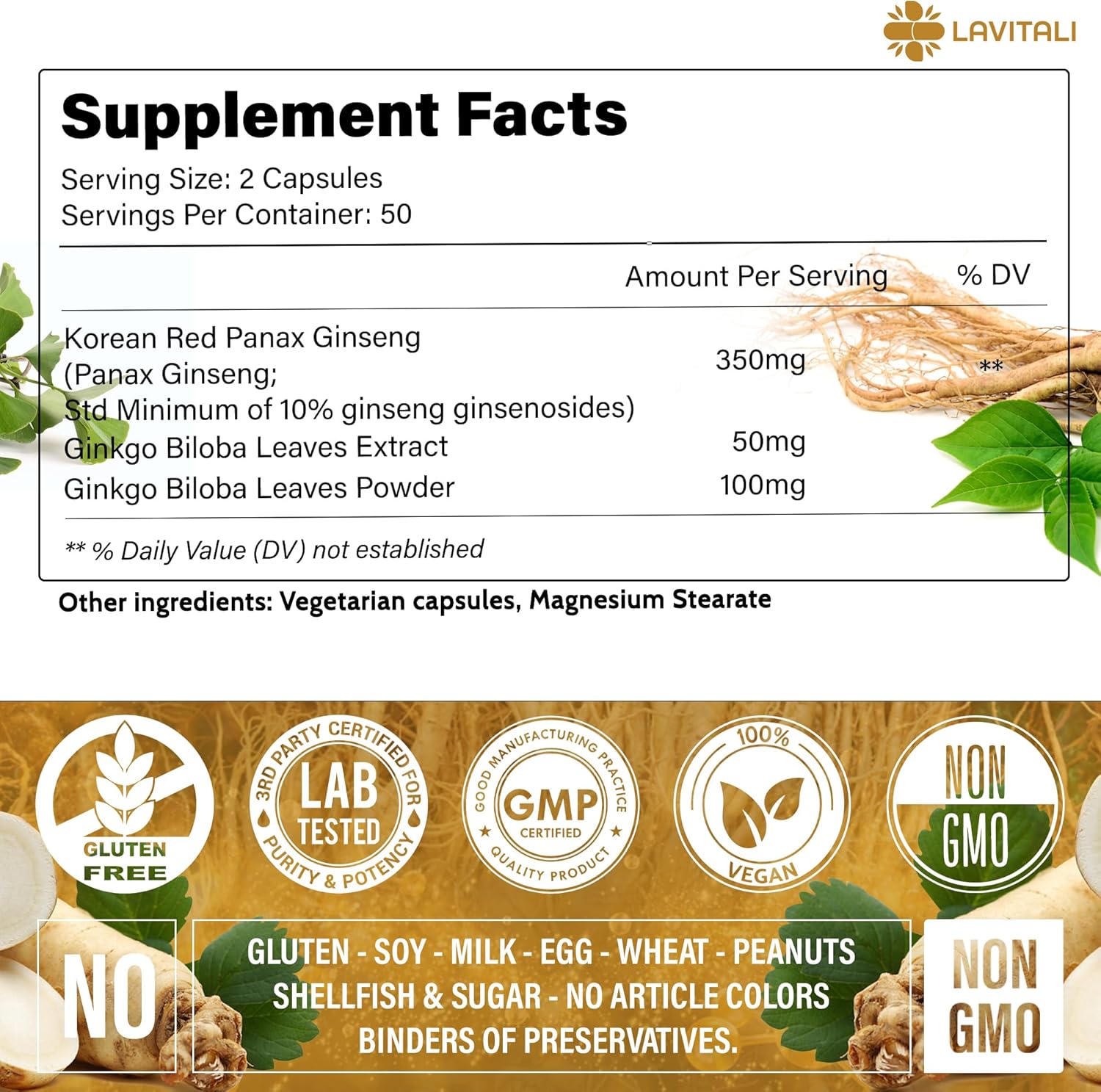 Ginseng & Ginkgo Biloba 100 Veggie Capsules, Energy Ginseng Root Extract Powder, with Ginkgo Biloba Extract, 100% Natural & Non-GMO, Vegan, Gluten Free, Dairy Free - Image 8