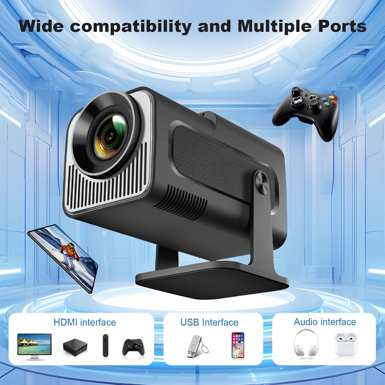 Ear&Ear Mini Projector, HY320 Portable Projector, Support 4K 1080P with Dual-Band WIFI6 5G Wireless 5.0 Bluetooth Android 11, 180° Rotatable, Auto Keystone Correction, 40"-130" Screen Video Projector - Image 4