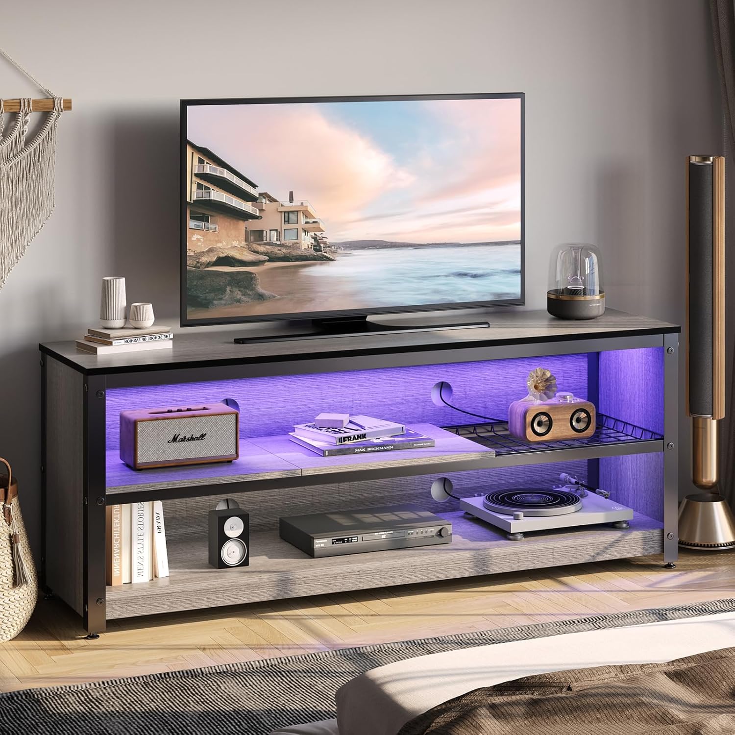 Bestier Gaming Entertainment Center for 50/55/60 Inch TVs, LED TV Stand Cabinet with Adjustable Shelves, Wood Industrial TV Media Console Table with Metal Frame for Living Room Bedroom, Gray - Image 2