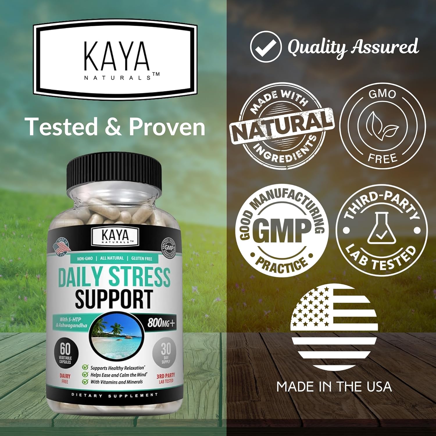 Kaya Naturals - Natural Herbal Stress Support Vitamin Supplement to Relax and Calm The Mind - Boost Mood - Happy Pills - Stress Relief Support - Vitamin Supplement - 60 Capsules - Image 5