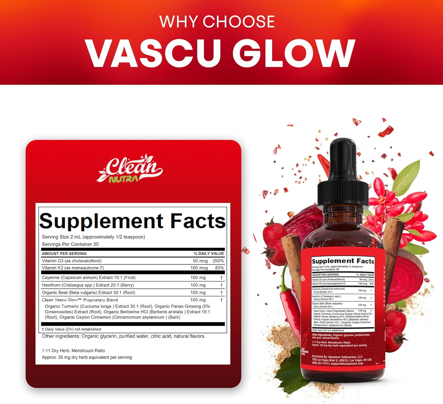 Clean Nutra Cayenne Pepper Drops Supplement Liquid + Hawthorn Berry, Vitamin D3 K2 Beet Root Powder, Ceylon Cinnamon, Turmeric Curcumin, Organic Panax Ginseng, Berberine Extract Organic (2) - Image 4