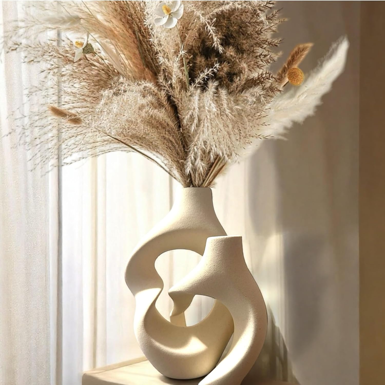 Ceramic Vase Set of 2 – Hollow Donut Flower Vase for Home Decor, Modern Nordic Boho Aesthetic Vases for Coffee Table Decor, Bookshelf Decor, Living Room, Entryway, Office Display (Cream White) - Image 2