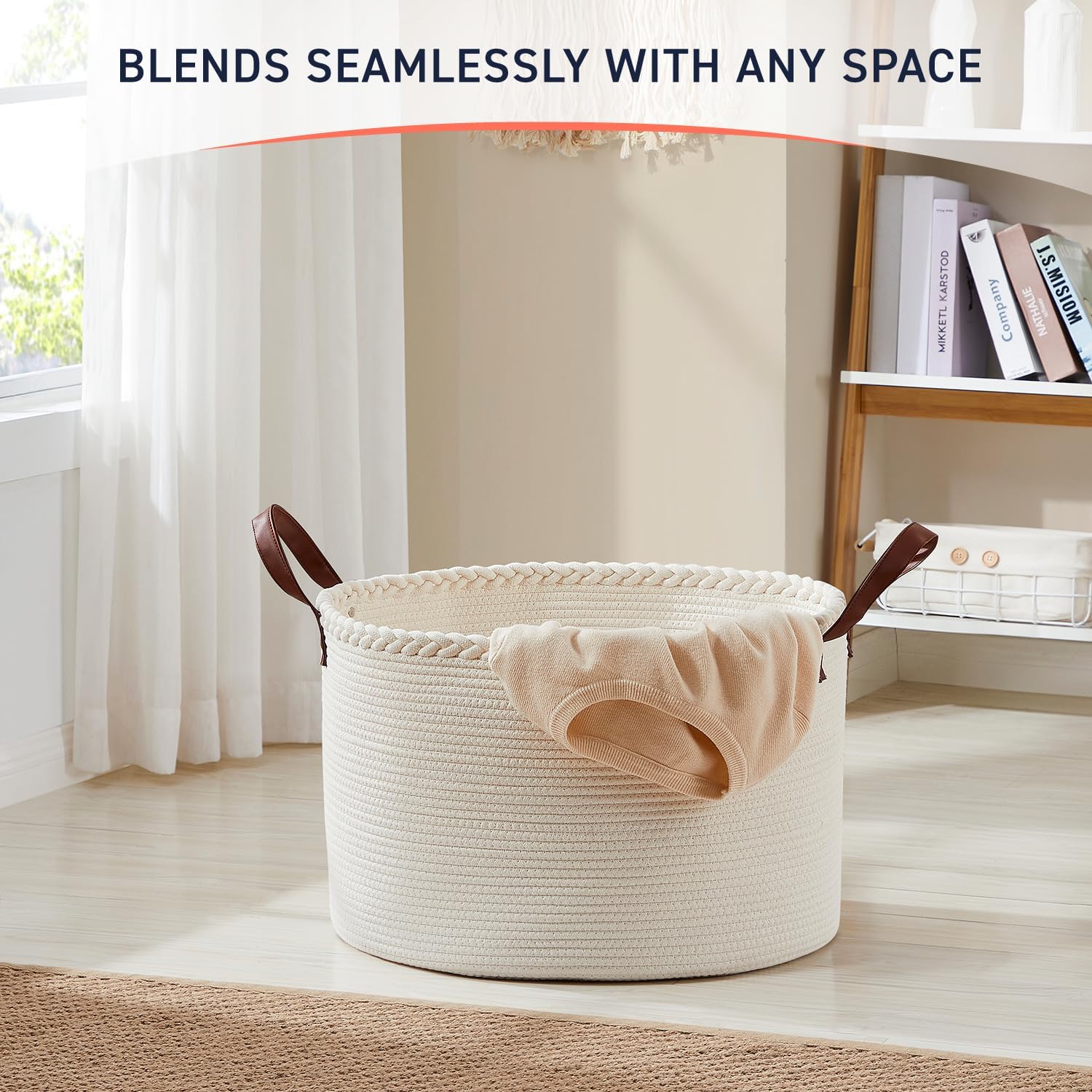 XLarge Round Cotton Rope Storage Basket Bin Organizer Laundry Hamper with Leather Handles, 21 x 21 x 14, Extra Large Blanket Woven Basket for Nursery - Cream - Image 5
