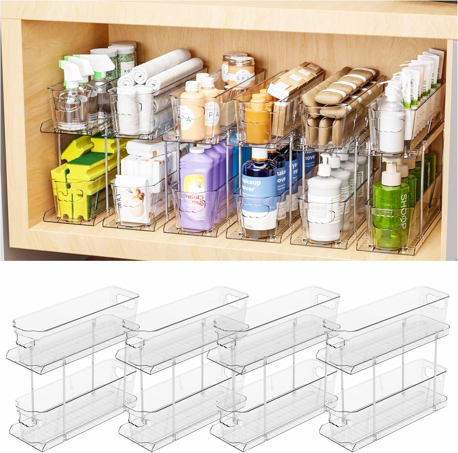 4 Set 2 Tier Bathroom Under Sink Organizers and Storage - 14.8"Deep x 5.1" Width - Suitable as Pantry Drawers Slide Out Shelves,Under Kitchen Sink Organizer,Narrow Pull Out Under Cabinet Organizer - Image 2