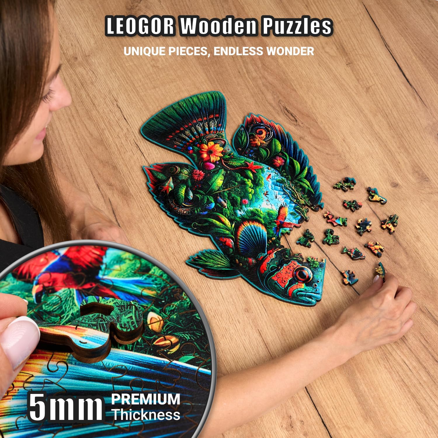 Fish Fantasia - 200 Piece Wooden Puzzles for Adults - 16 x 9.6 in - Extra-Thick 5 mm Wood Puzzle, Hand-Shaped Pieces, Marine Life Mosaic Design - Premium Gift for Puzzle Lovers by LEOGOR - Image 5