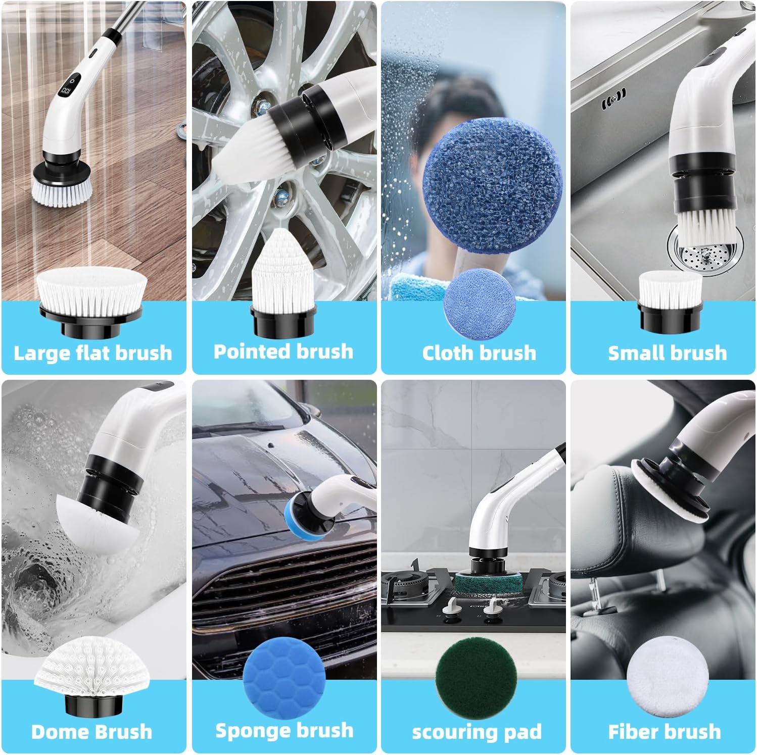 Electric Spin Scrubber, Power Scrubber with 2 Speeds, 8 in 1 Cordless Cleaning Brush and 3 Tier Adjustable & Detachable Shower Scrubber with Long Handle, Scrubber for Bathroom Tub Shower Tile Floor - Image 5