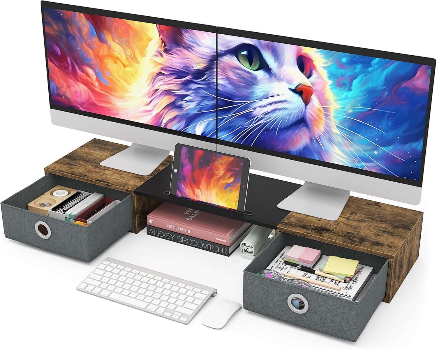 WESTREE Dual Monitor Stand Riser with Two Drawers, Extra Large Storage for 2 Monitors, Desktop Oraganizer Computer,Laptop,Screen,Printer,TV - Image 2