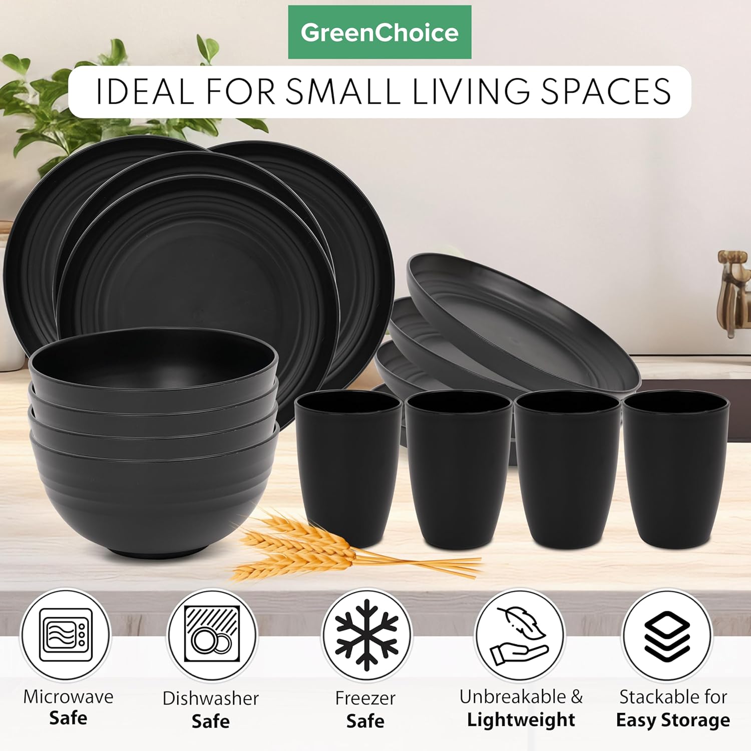 Wheat Straw Dinnerware Sets for 4 - GreenChoice Lightweight & Unbreakable Dishes Microwave & Dishwasher Safe Perfect for Camping, Picnic, RV, Dorm Plates, Cups and Bowls (Black) - Image 5