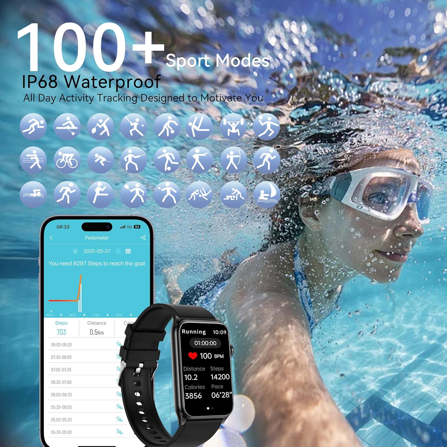 Fitness Tracker Smart Watch with LED Flashlight, 24/7 Stress/SpO2/Heart Rate Monitor, Sleep Tracker 100+ Sport Modes Step Calorie Counter Pedometer IP68 Waterproof for Android iOS (Bluetooth, Black) - Image 5