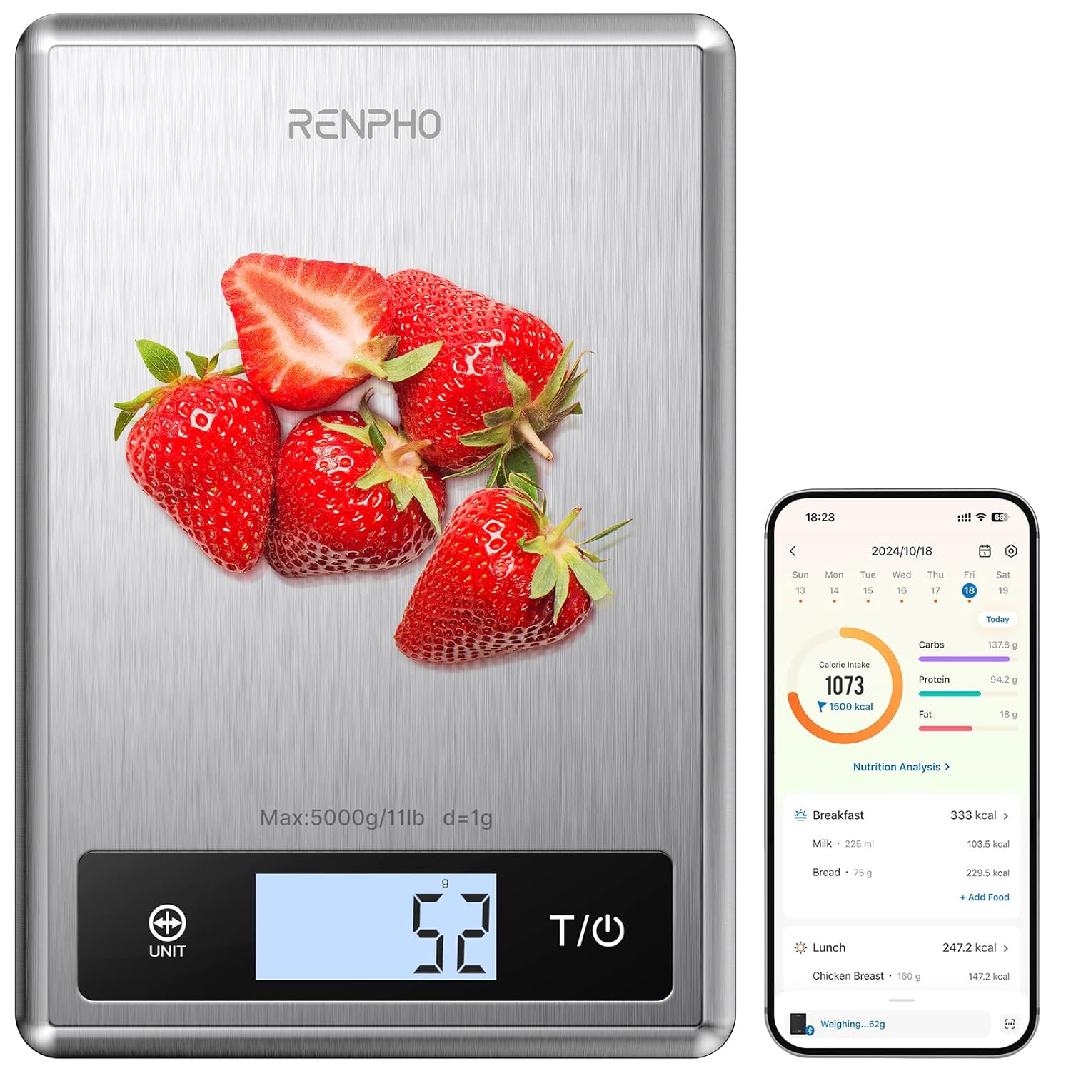 RENPHO Digital Food Scale with Nutritional Calculator, Smart Food Kitchen Scale, Food Weight Scale Grams and Ounces for Weight Loss, Calorie, Macro and Cooking, Stainless Steel - Image 2