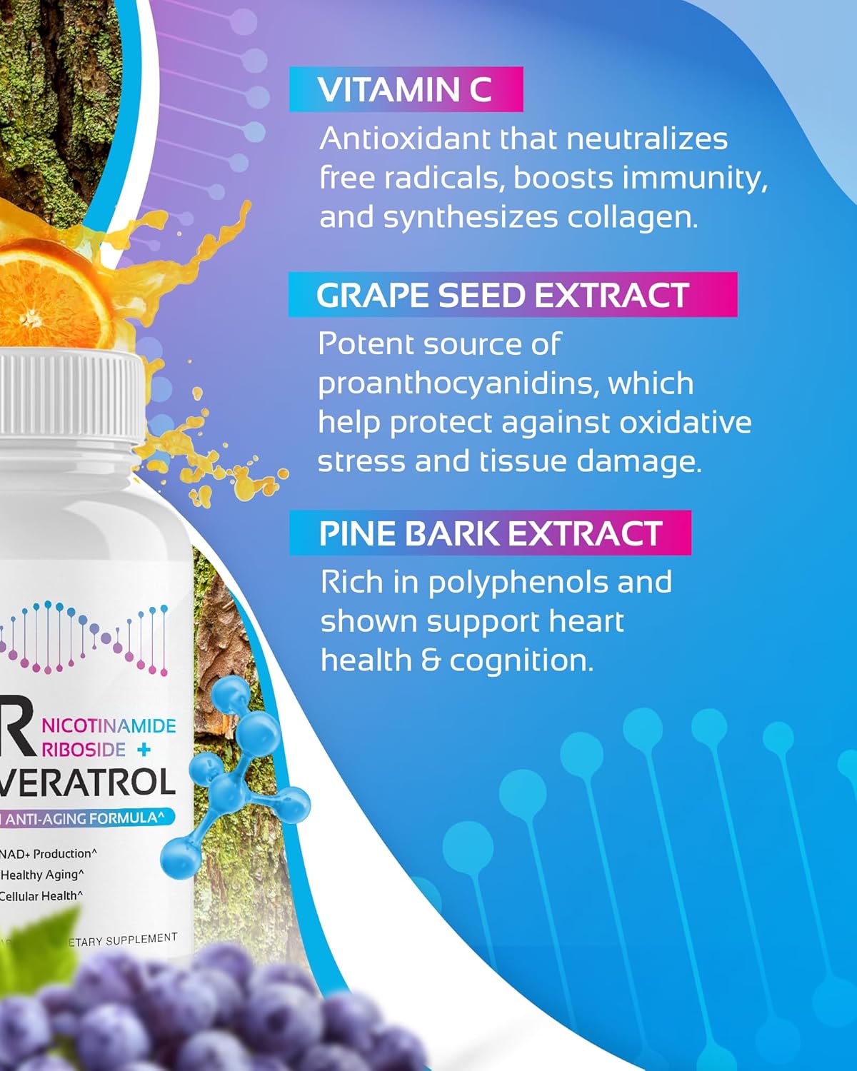 NR + Resveratrol Supplement - Increase NAD, DNA & Cellular Health, Longevity, Vitality. 5-in-1 Anti Aging Formula w/ Nicotinamide Riboside, Trans Resveratrol, Vitamin C, Grape Seed, Pine Bark - Image 8
