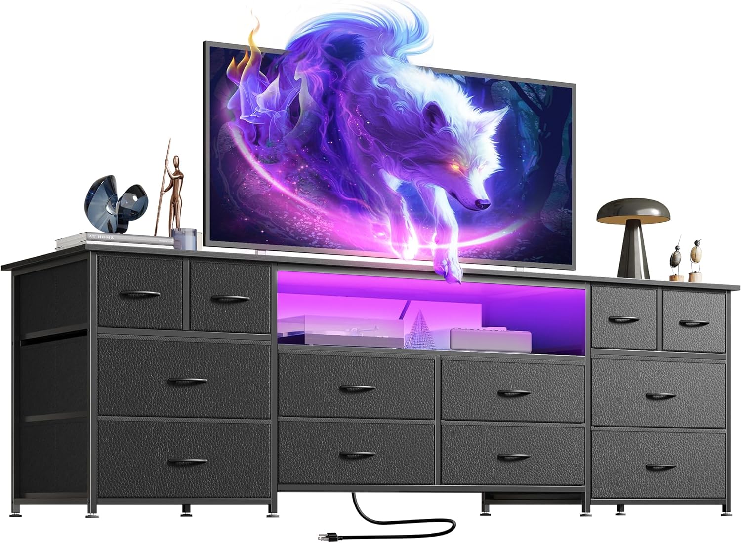 Huuger 63 Inch Dresser TV Stand with LED Lights, Power Outlets and USB-C Port, 12 Fabric Drawer Dresser for Bedroom, Wide Entertainment Center for 65, 70 Inch TV, Open Shelf, Black - Image 2