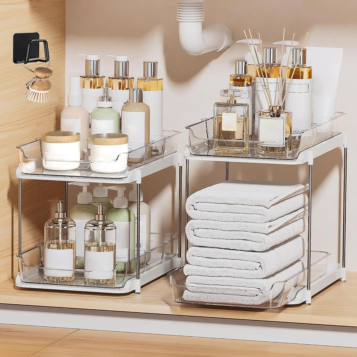Under Sink Organizer – With Multipurpose Holder, 2 Sets of 2 Tiers Multi Purpose Under Sink Organizers And Storage With Dividers Stackable For Kitchen And Bathroom - Image 2