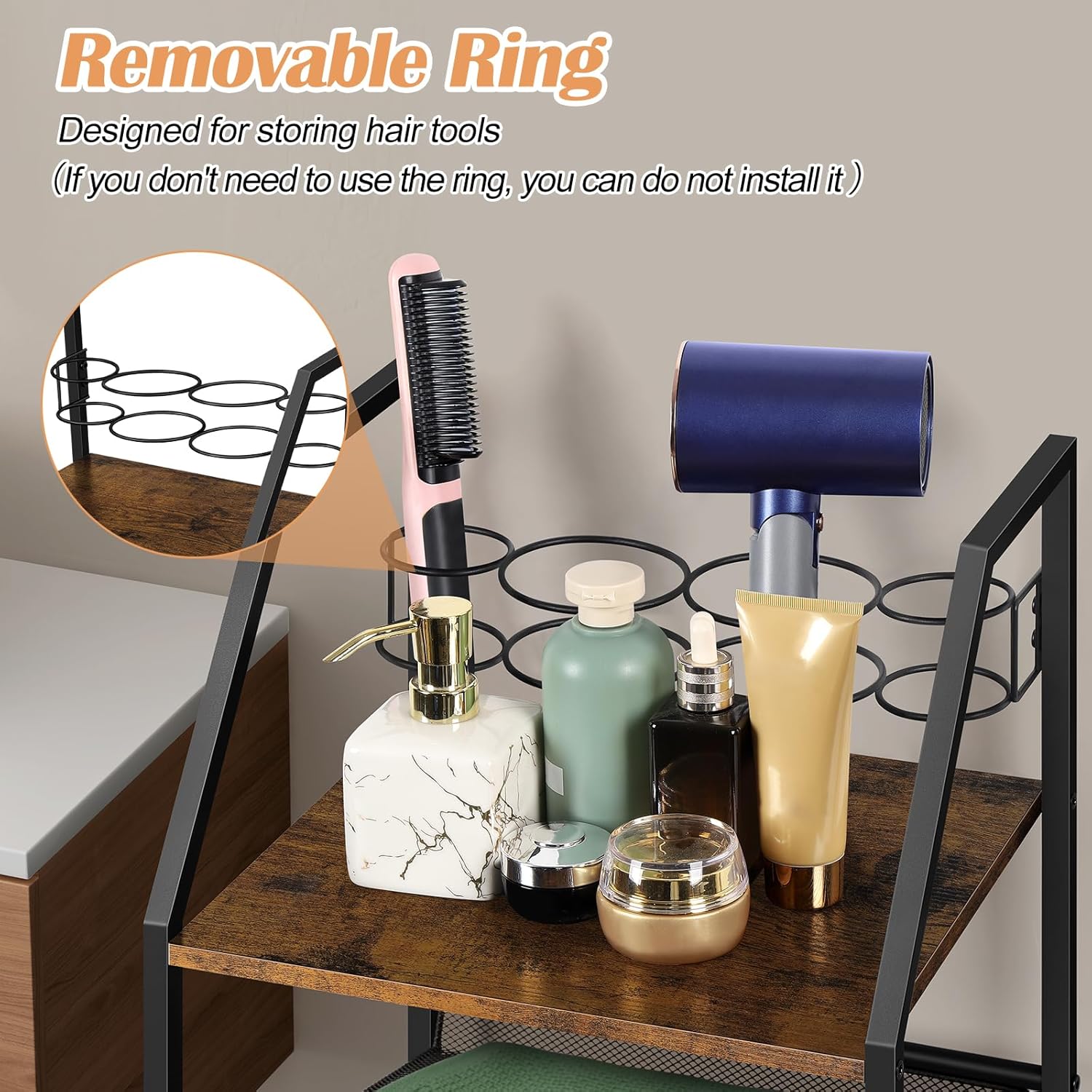 4-Tier Towel Rack Free Standing with Hair Tool Organizer, Durable Metal Bath Towel Holder for Bathroom, Pool Towel Rack, Space-Saving Storage Organizer, Bath Towel Shelf with Wheels, Rustic Brown - Image 8