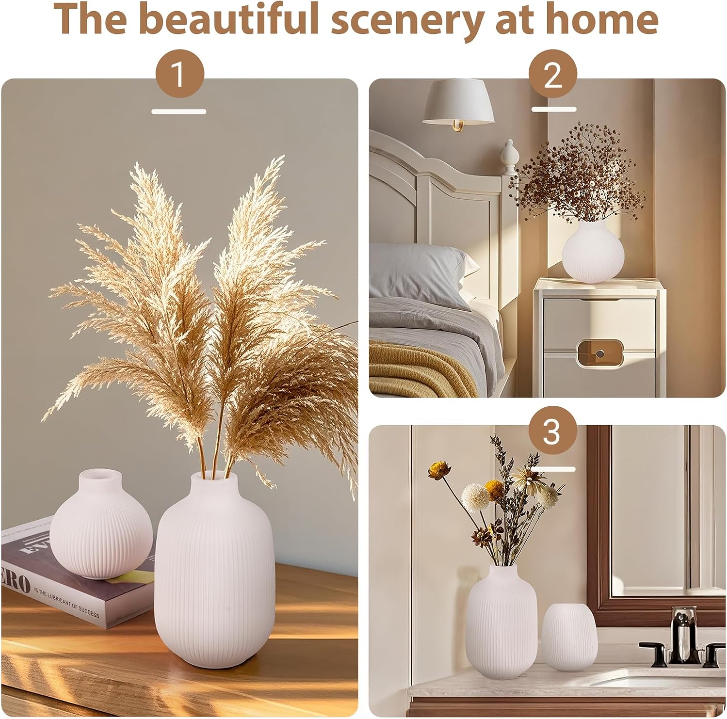 White Ceramic Vases Set of 3, Modern Home vase for Flowers Home Decor for centerpieces Living Room, Ceramic vase Set, Dining Table and Entryway Decor, Housewarmings Gifts, Rustic vases- Stripe - Image 10