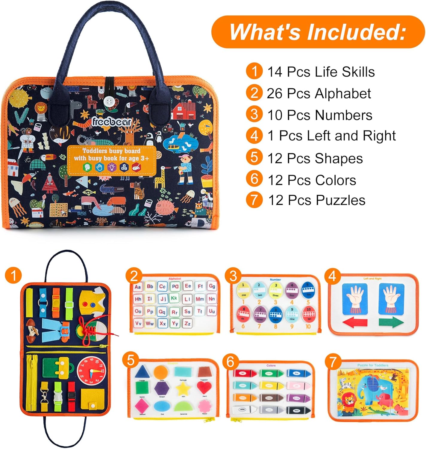 Freebear Busy Board Toddler Travel Sensory Toys for 1 2 3 4, Montessori Learning Activities Board, Educational Toys for 3 4 Year Old Boys Girls Gift, Classic - Image 5