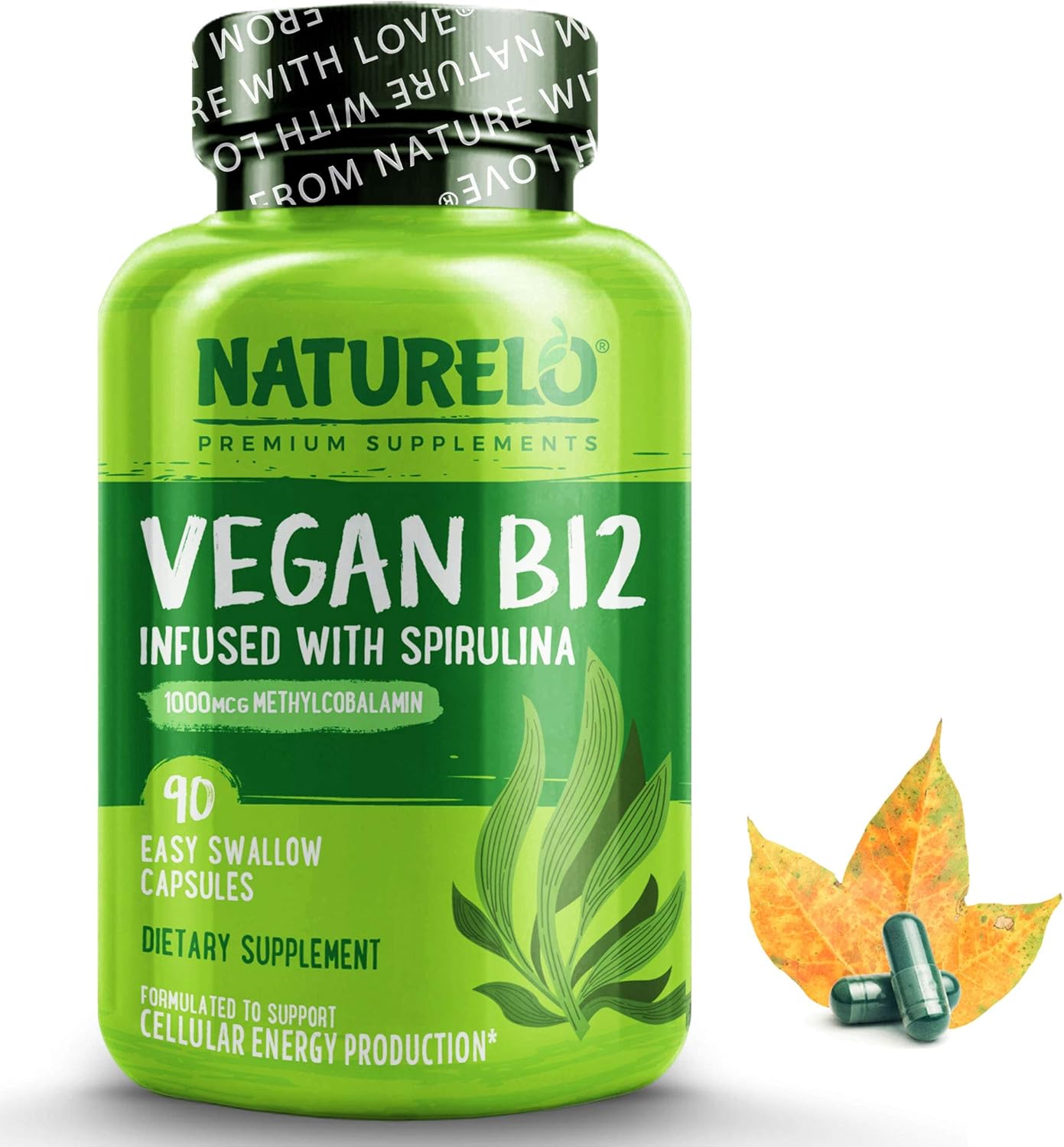 NATURELO Vegan B12 - Methyl B12 with Organic Spirulina - High Potency Vitamin B12 1000 mcg Methylcobalamin - Supports Healthy Mood, Energy, Heart & Eye Health - 90 Capsules - Image 2