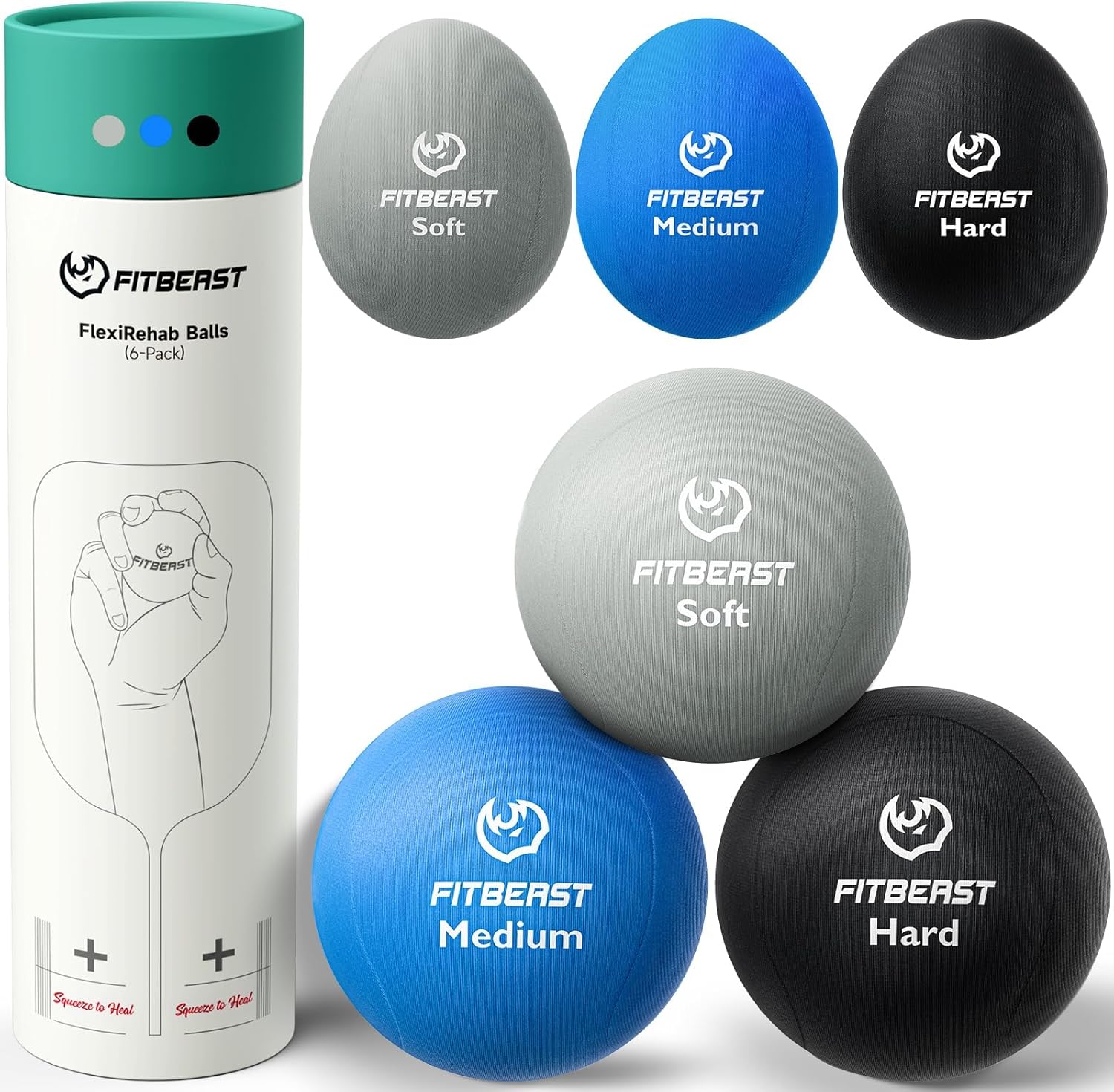 FitBeast Stress Balls for Adults, 6-Pack Hand Therapy Balls, Soft, Medium, Hard Tri-Density, Green, Orange, Blue - Image 2