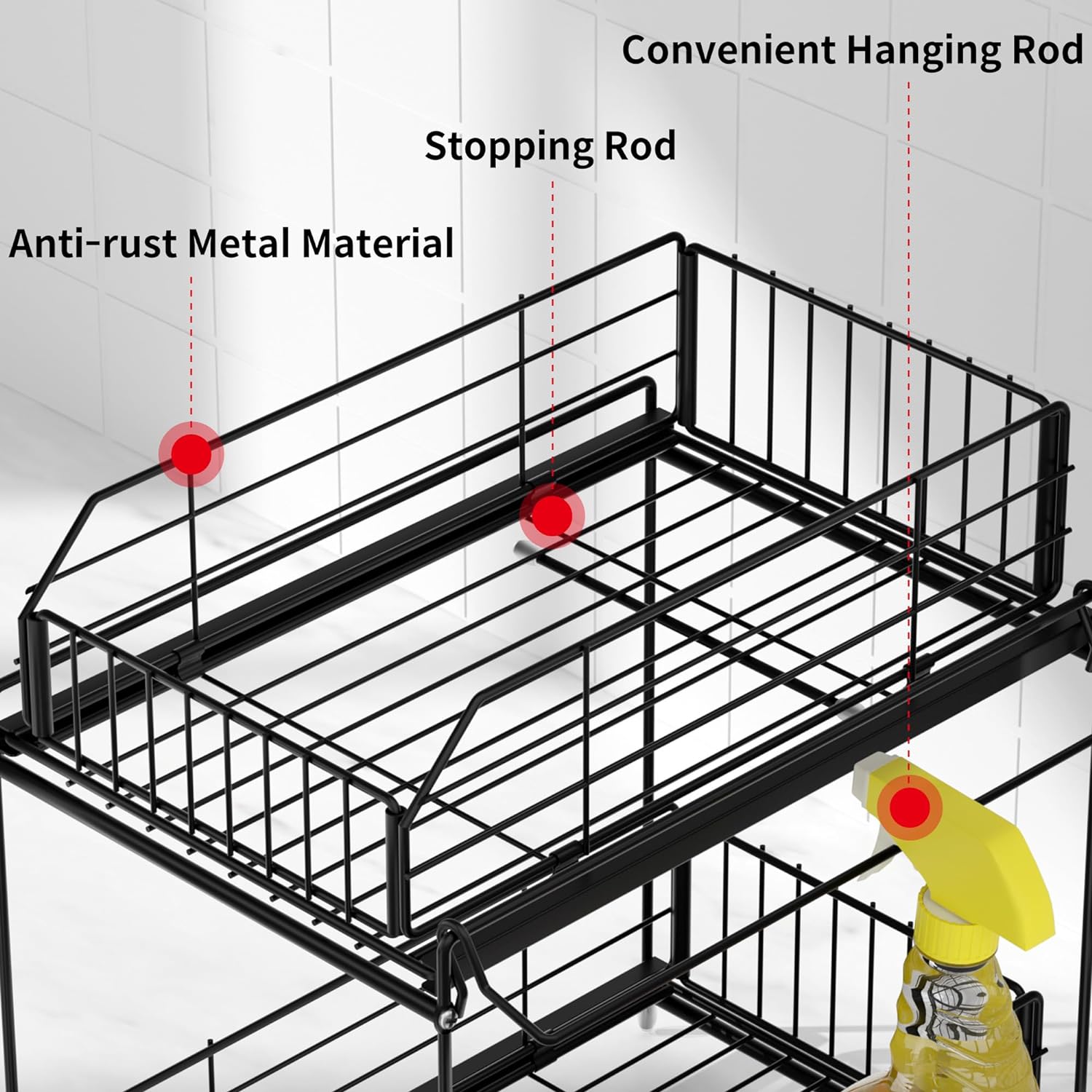 SUEH DESIGN Under Sink Organizer, 2 Tier Bathroom Cabinet Organizer Metal Kitchen Sink Organzier with Hanging Rail for Kitchen Bathroom Organization and Storage, 1 Pack - Image 6