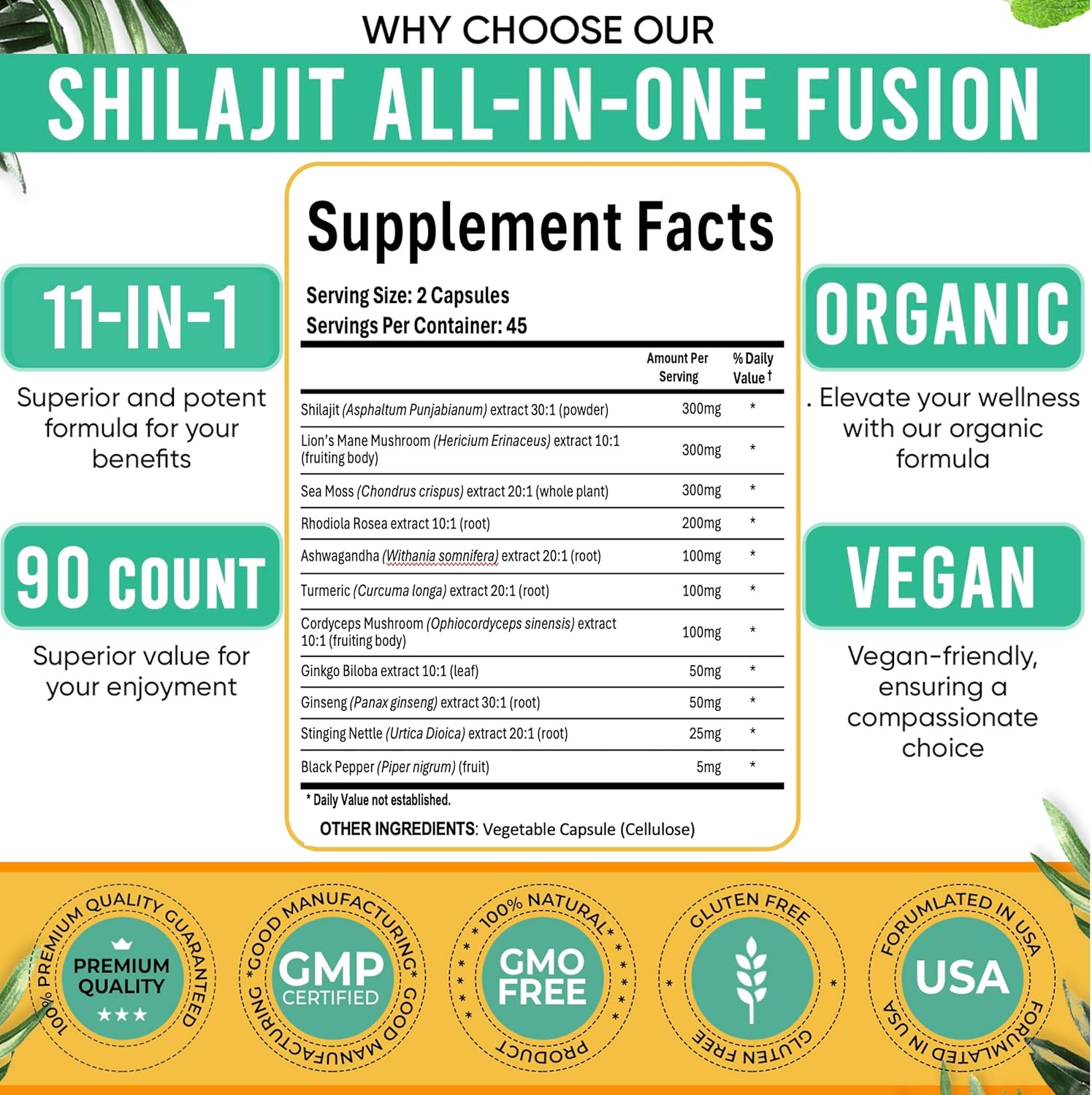 Shilajit Ultra Force 11-in-1. Pure Himalayan Organic Shilajit for Men and Women Capsules with Sea Moss Ashwagandha Rhodiola Rosea Lion’s Mane. 90 Count - Image 7